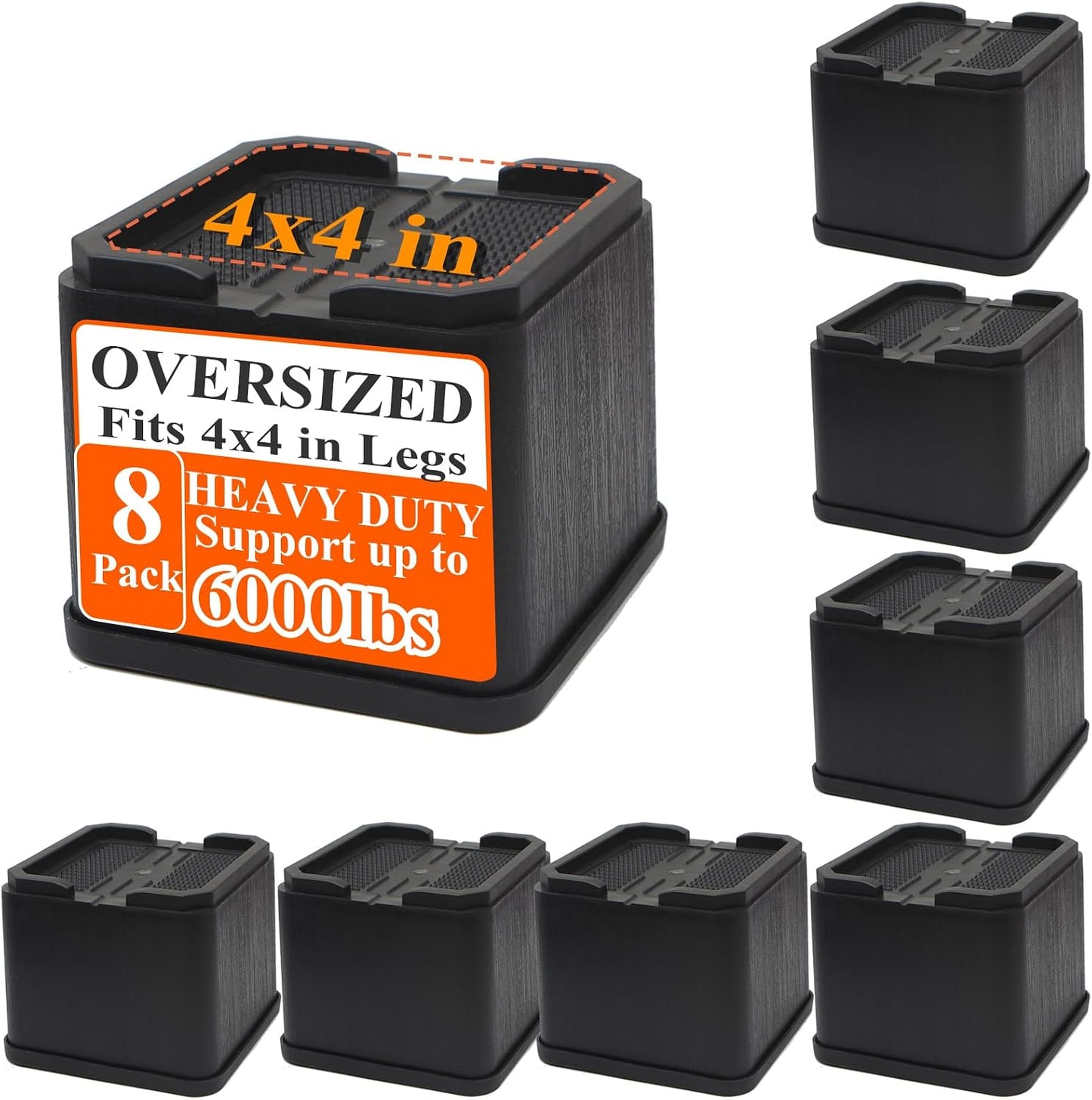 MYMULIKE Bed Risers Oversized 8 Pack, 4 Inch Heavy Duty Furniture Risers Support Up to 6000lbs, Adjustable 8 Inch Bed Raising Blocks Couch Risers for College Dorm Rooms, Tables, Desks BST202
