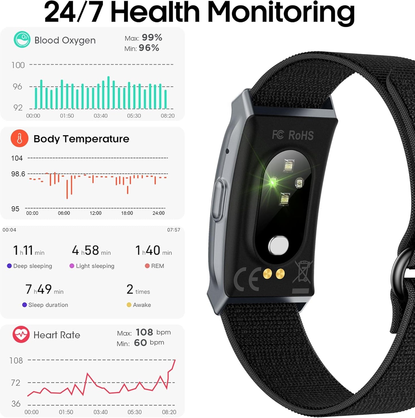 Smart Bracelet Activity Tracker Heart Rate Body Monitoring AI Health 89