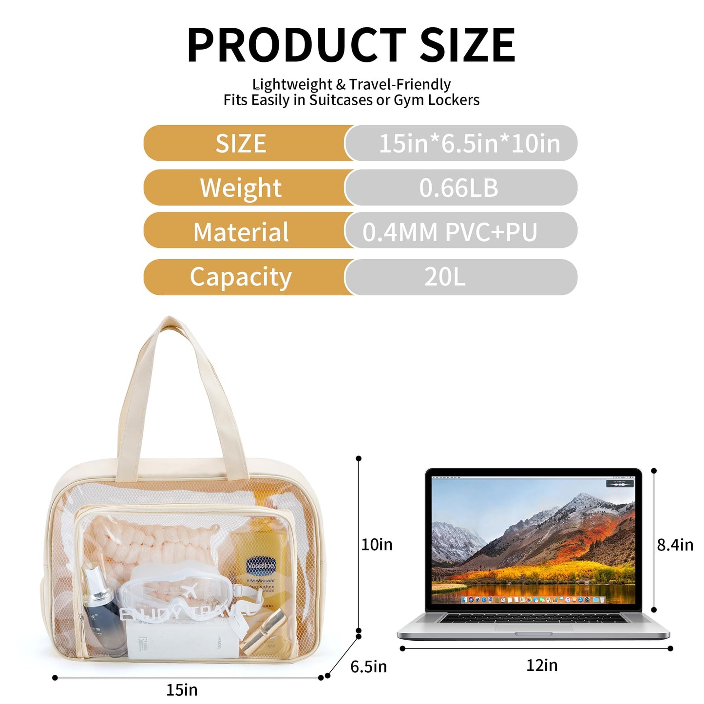 Waterproof Toiletry Bag – Large Capacity Clear PVC Beach Tote Bag, Portable Unisex Travel Makeup Organizer for Swimming, Gym, and Vacation (Beige) BST326H