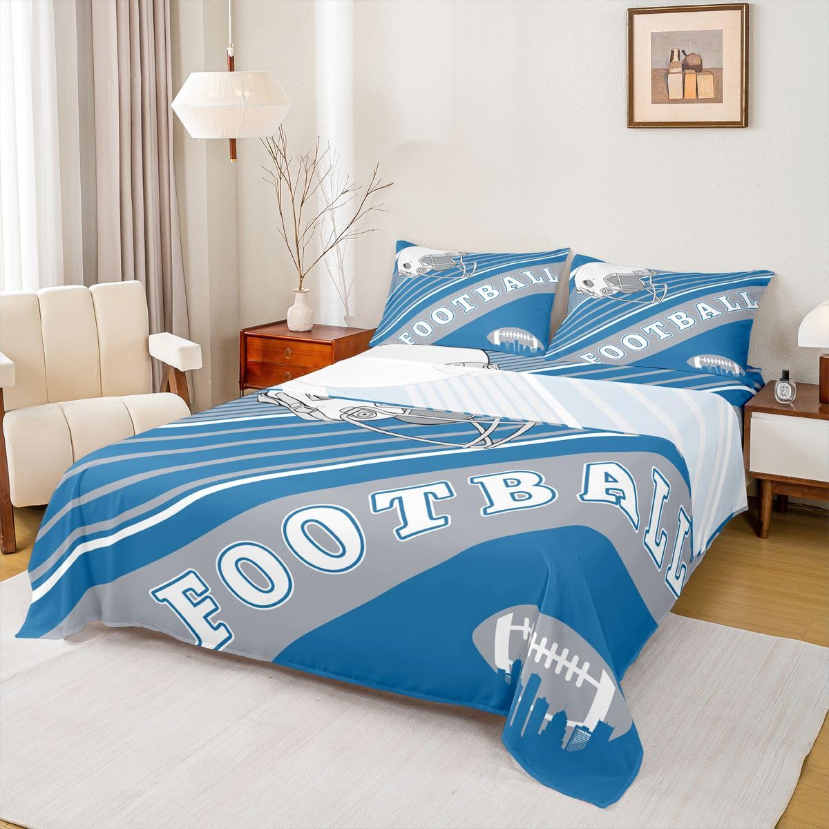 Erosebridal Gridiron Sheet Set Sports Ball Game Sheets Twin for Boys Girls Rugby Competition Game Bed Sheets Set, Football Themed Bedding Set with 1 Pillowcase BST326H