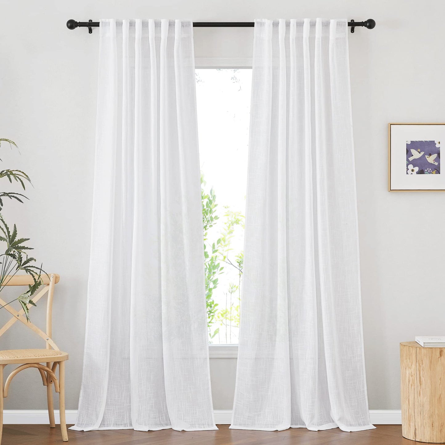 NICETOWN White Semi Sheer Kitchen Curtains 30 inch Length, Rod Pocket & Back Tab Faux Linen Blend Privacy with Light Filtering Window Drapes for Cafe, W34 x L30, 2 Panels BST220