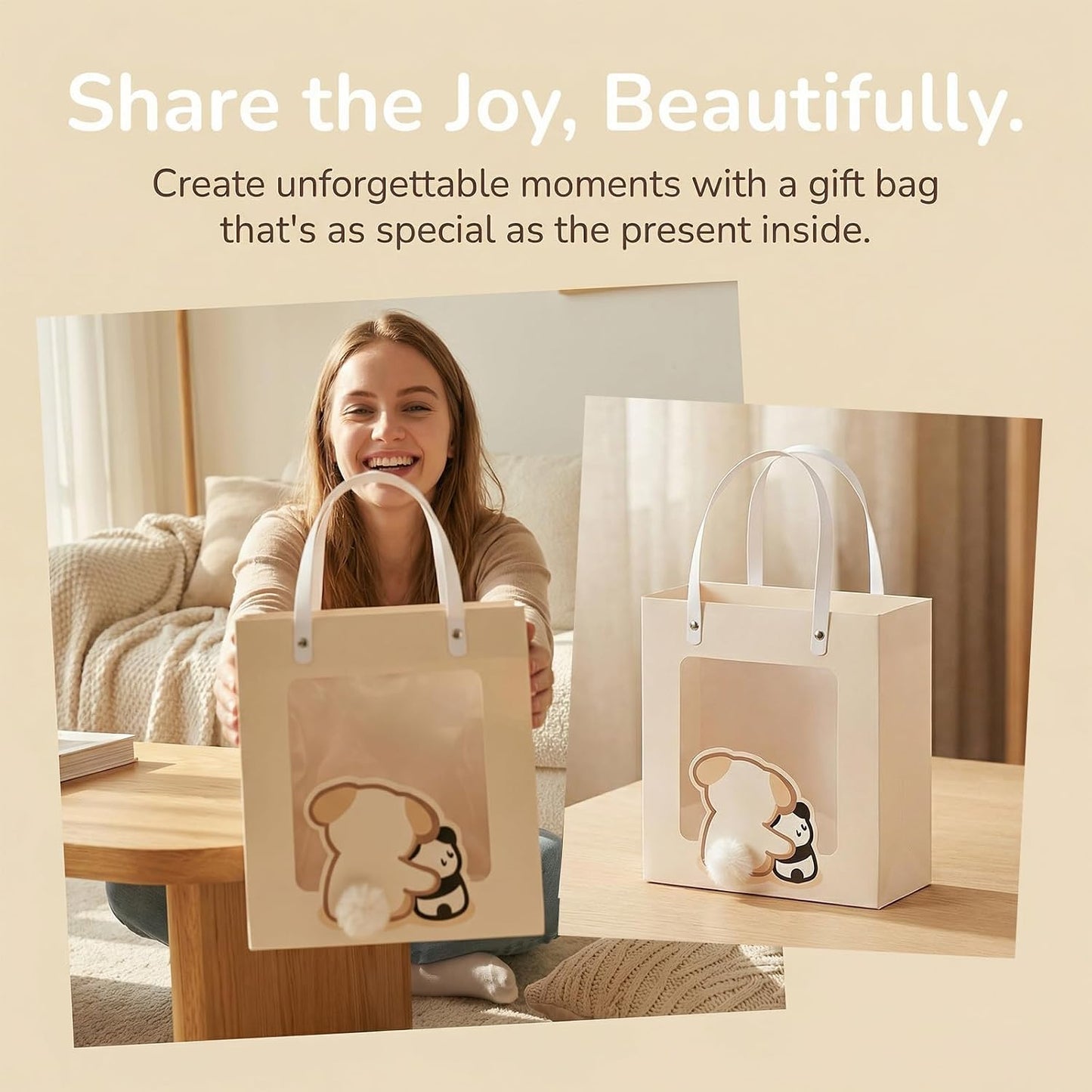 Premium Reusable Gift Bag with Matching Box, Durable Birthday Present Bag, Premium Paper Set for Wedding, Valentine's Party, Friends Celebration (Beige 1pack) BST202
