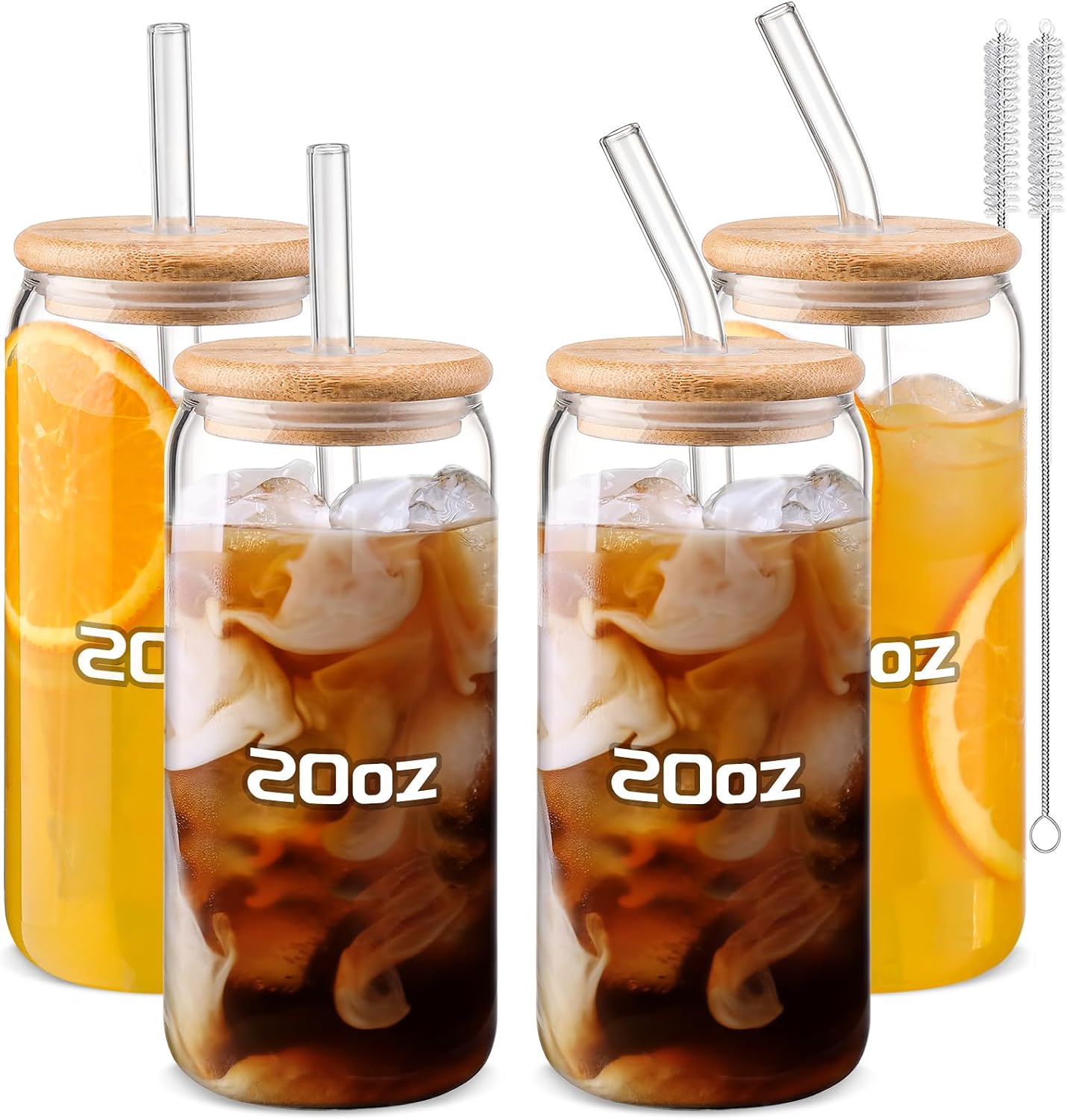 DWTS DANWEITESI Glass Cups “20oz”,Glass Cups with Lids and Straws 4 pcs-Coffee Cups,Drinking Glasses Set,Glass Tumbler with Straw and Lid Gift 2 Cleaning Brushes 600ml BST202
