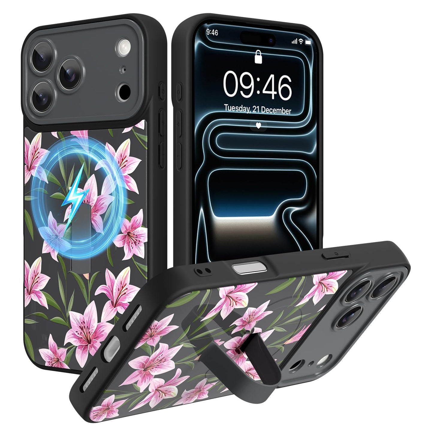 Compatible with iPhone 13 Case, Cute Cheetah Leopard Pattern | Built in Adjustable Wrist Strap Grip Hand Holder Stand Shockproof Kickstand Cover for Women Girls (Black White) WN420