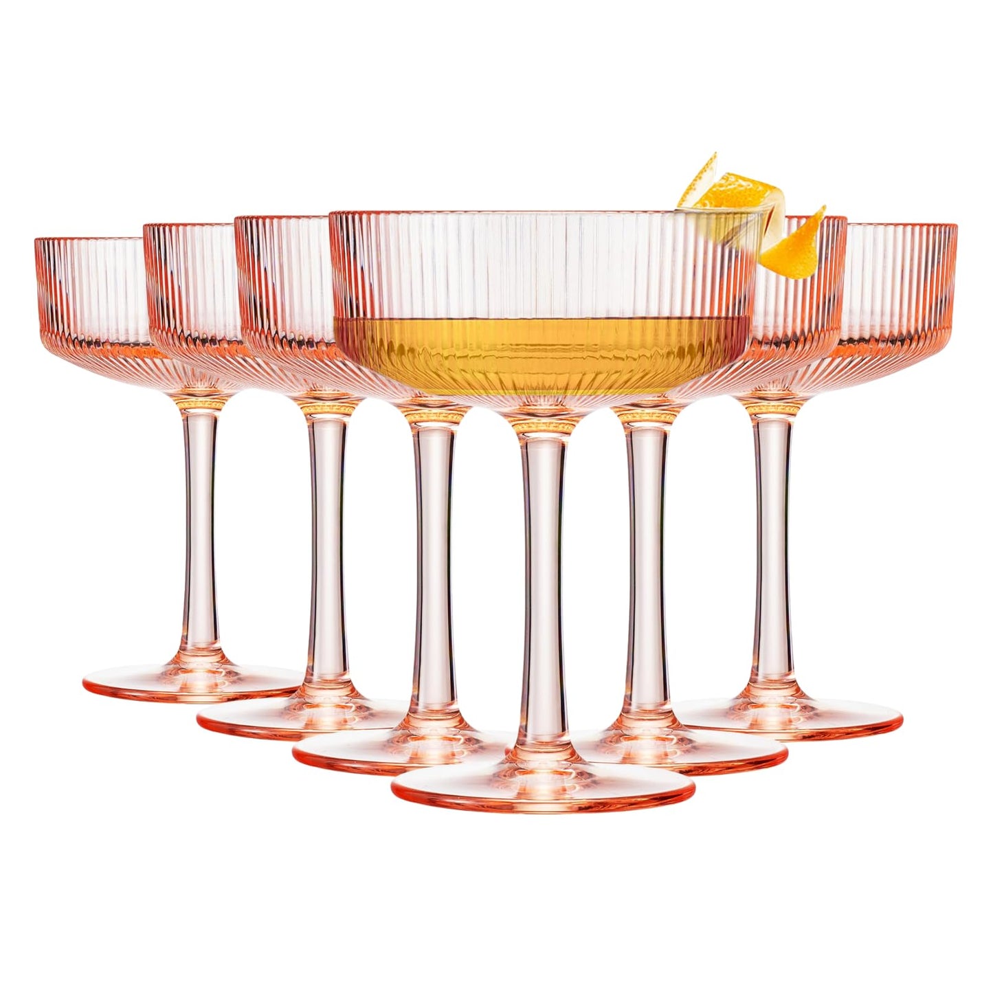 Khen Pink Peach Acrylic Ribbed Coupe Martini Champagne Cocktail Glasses, Set of 4, 8 oz Shatterproof Ripple Stemware European Style Reusable Drinkware Goblets, Indoor Outdoor Parties Weddings Bar Gift BST220