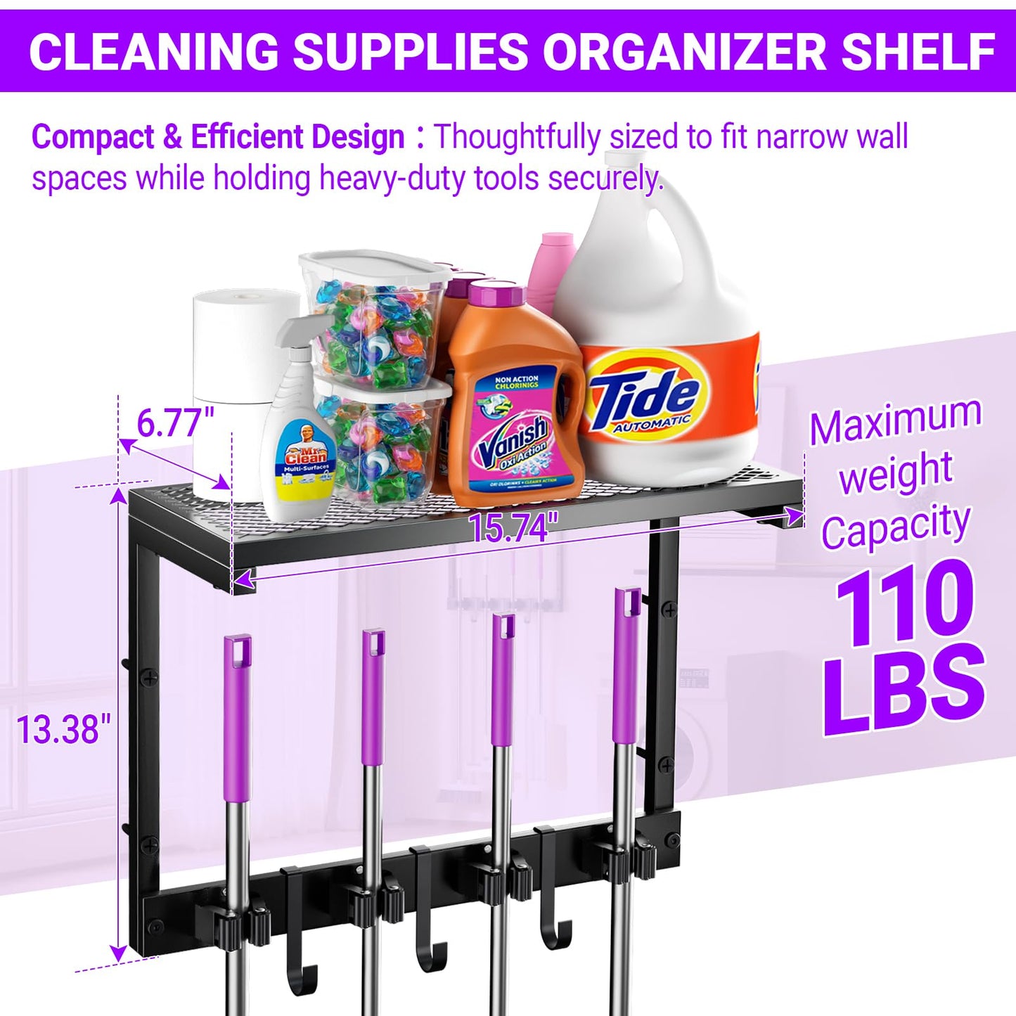 Heavy Duty Broom Holder Wall Mount with Cleaning Supplies Organizer, Space-Saving Laundry Room Organization and Storage Shelves, All-Metal Mop Hanger Broom Rack with Hooks, Garage Organizer Shelf