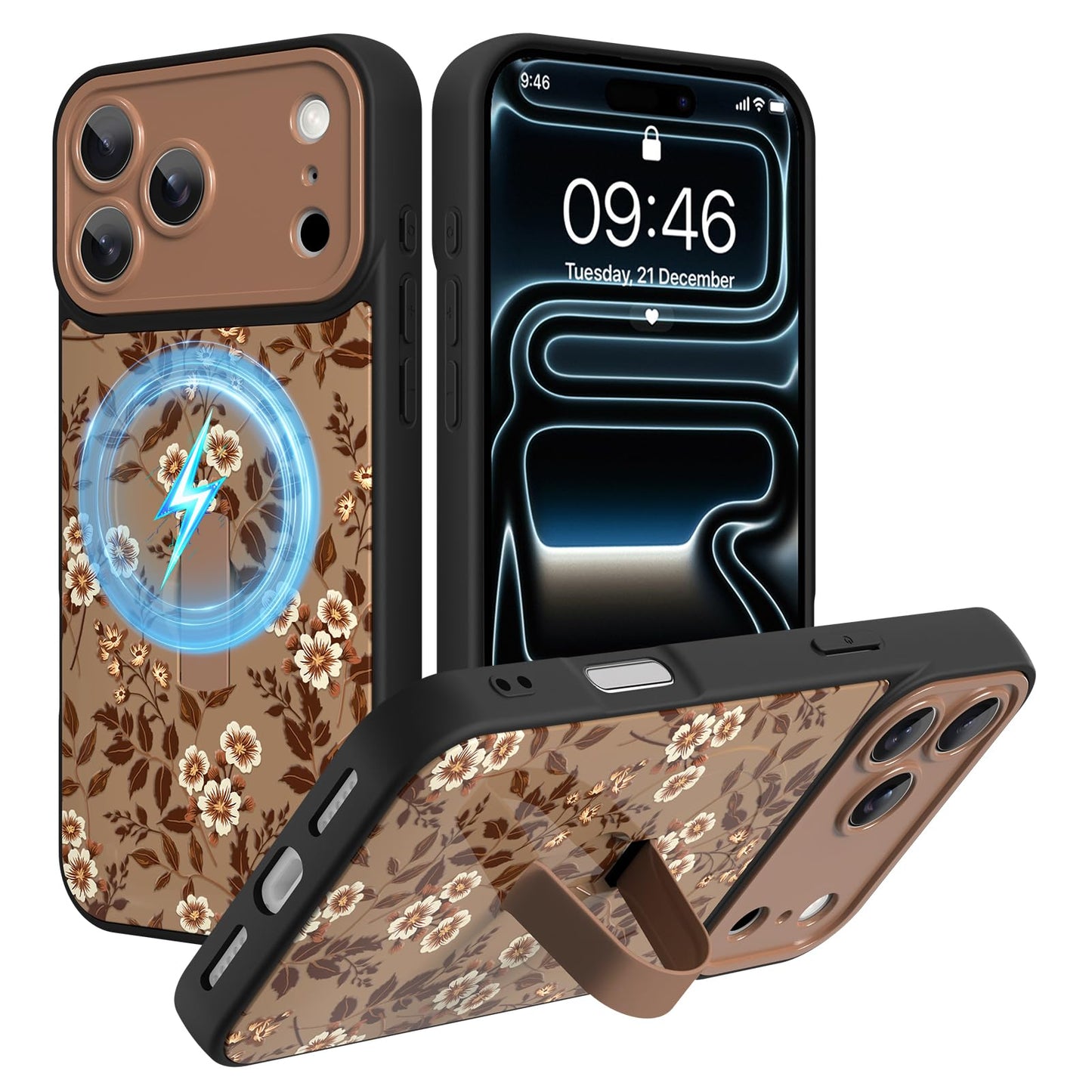Compatible with iPhone 13 Case, Cute Cheetah Leopard Pattern | Built in Adjustable Wrist Strap Grip Hand Holder Stand Shockproof Kickstand Cover for Women Girls (Black White) WN420