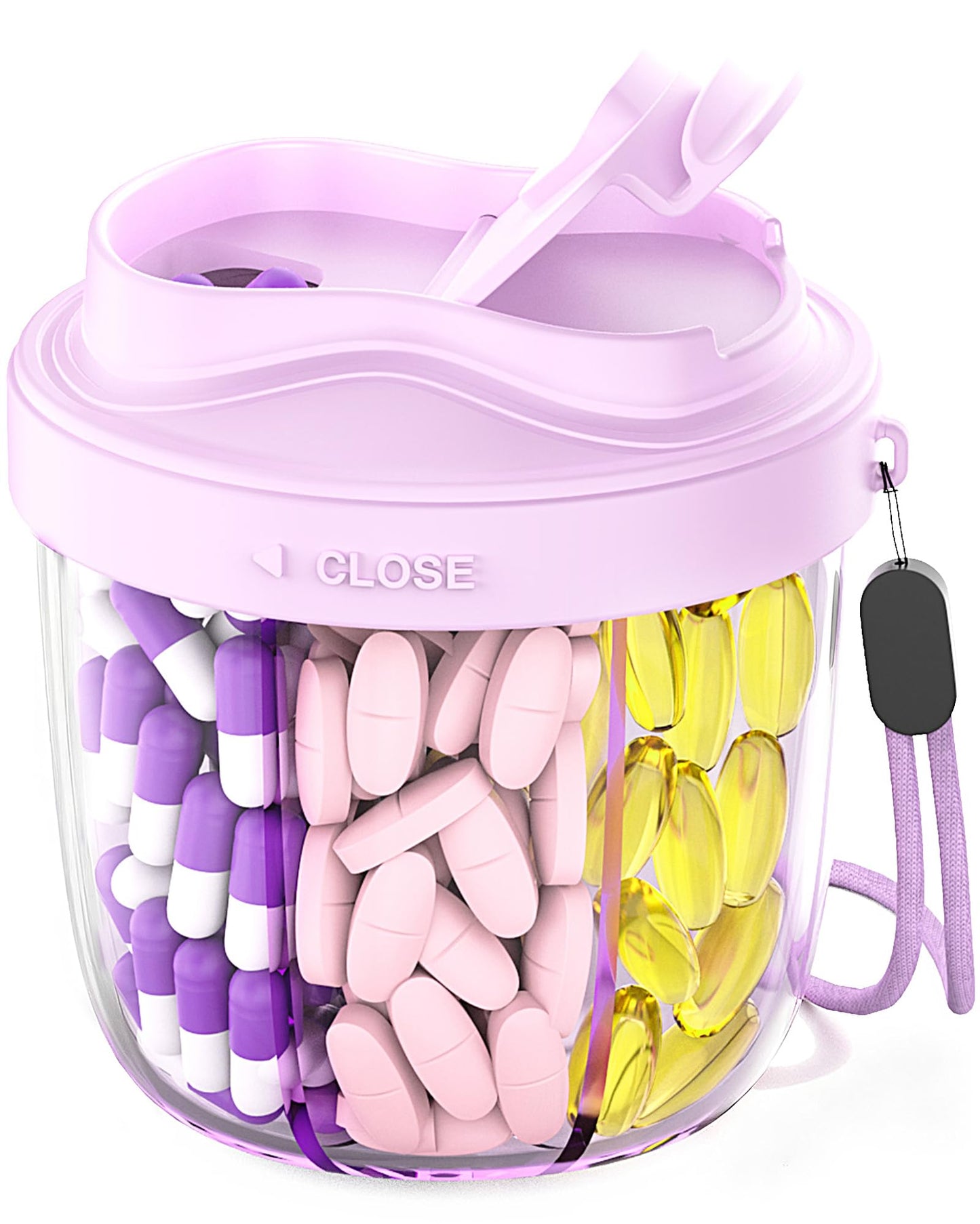 Cute Pill Organizer,Pill Dispenser with 7 Large Compartments,Portable Pill Bottle Box with Wide Opening for Easy Use, Anti-Mix Pills Organizer for Travel,Includes 20 Pcs Sticky Labels(Black) WN420