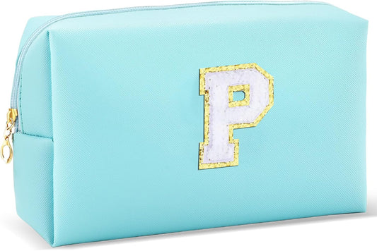 URSKYTOUS Gifts for Girls Initial Makeup Bag Personalized Cosmetic Bag with Zipper Cute Travel Toiletry Bag Waterproof PU Preppy Makeup Pouch Birthday Gift for Teen Girls Women(Blue P) BST326L