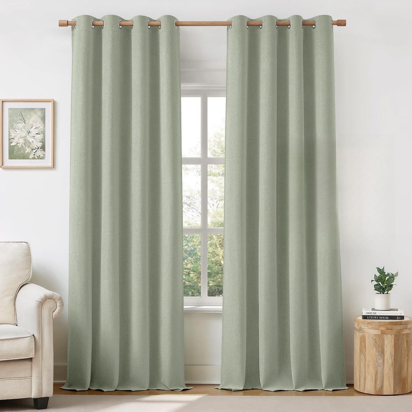 HOMEIDEAS 100% Ivory Cream Linen Blackout Curtains for Bedroom, 52 x 96 Inch Length 2 Panels Faux Linen Thermal Insulated Black Out Grommet Window Drapes for Living Room BST202