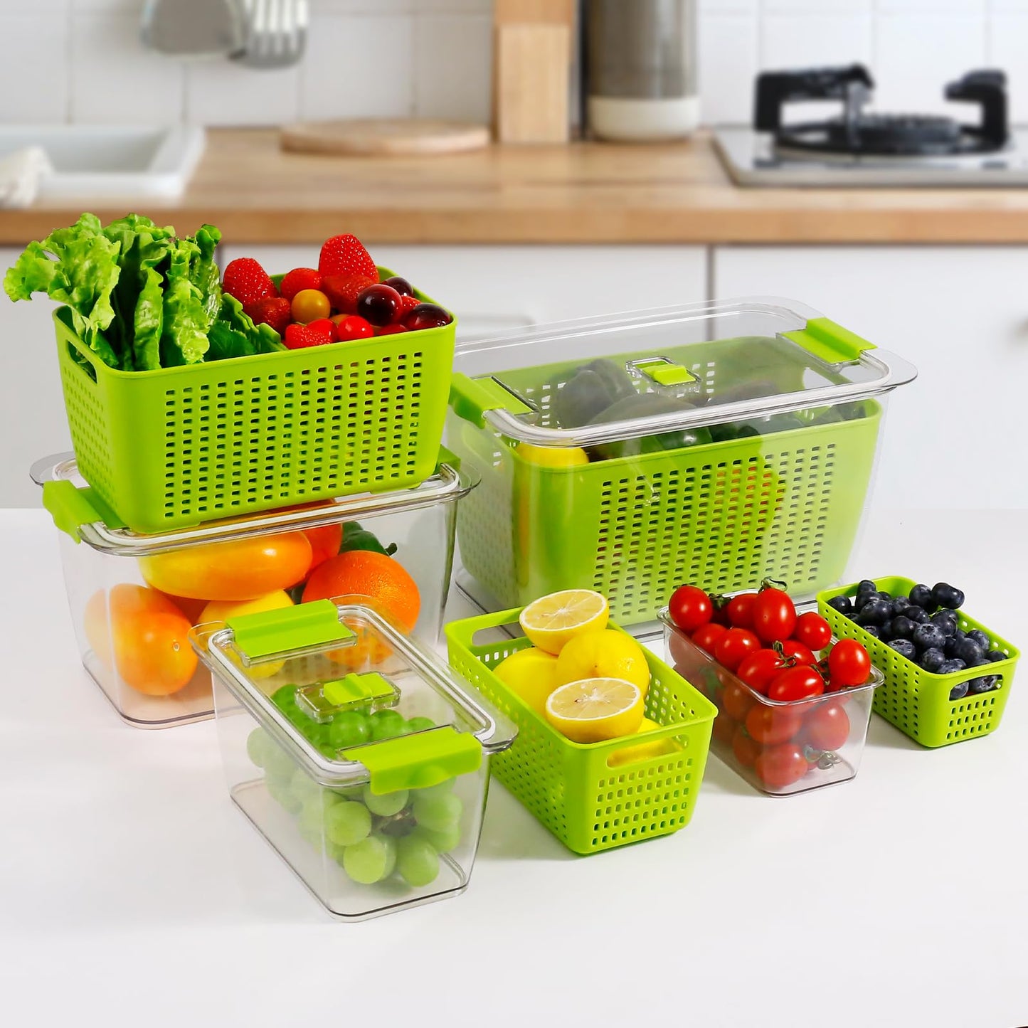 LUXEAR 4 Pack Fruit Vegetable Containers for Fridge, Produce Saver Container with Lids &Removable Colander BPA-free Refrigerator Storage Organizer for Fruit Vegetable, Berry, Meat keep Fresh Longer DD1210