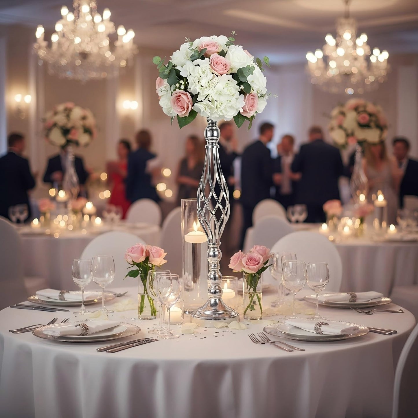 2pcs Metal Silver Candle Holders Road Lead Table Centerpiece Stand Pillar Candlestick for Wedding Candelabra Flowers Vases WN420