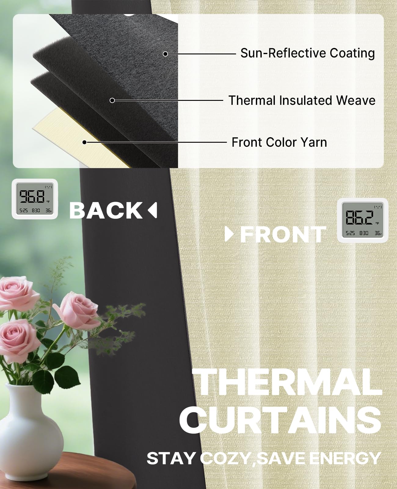 Beige Blackout Chenille Curtains 52x90 Inch - Thermal Insulated Room Darkening Drapes with Grommet, Ultra Soft Wrinkle Resistant Noise Reducing Window Treatments for Bedroom Living Room, 2 Panels Set BST202