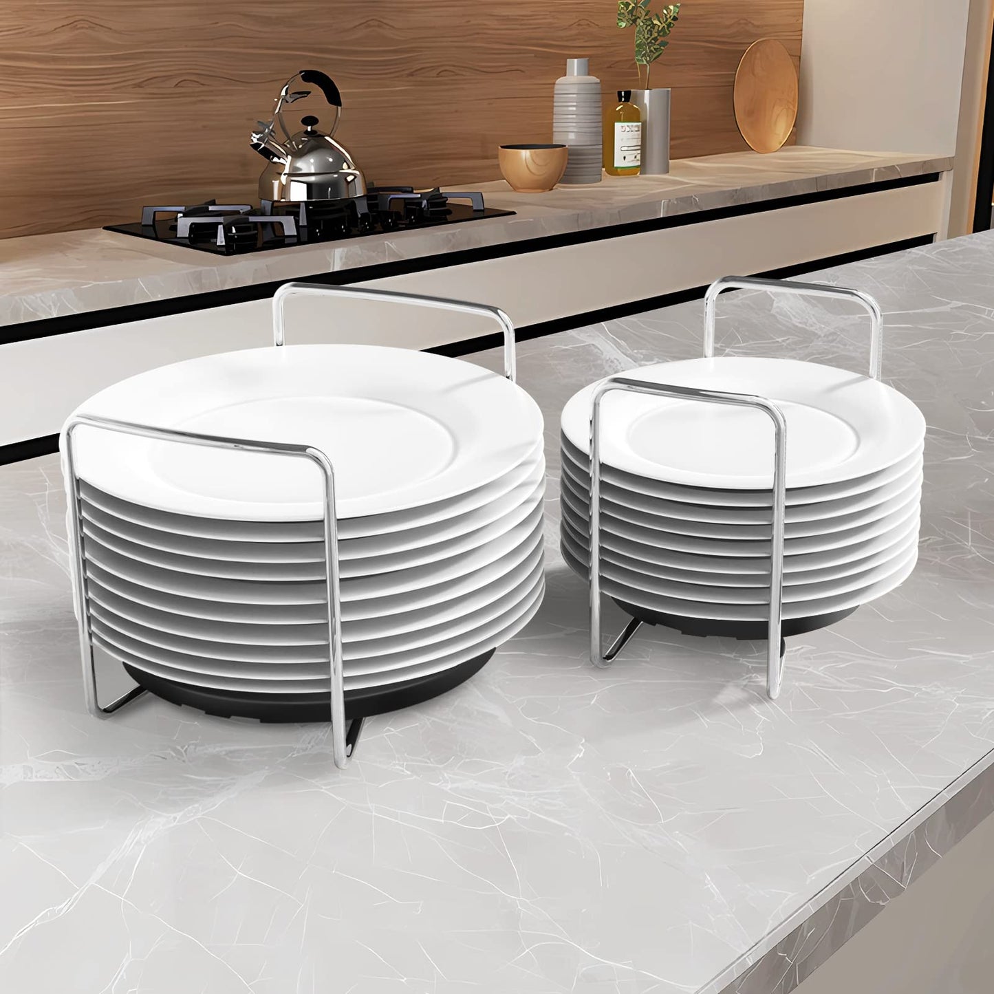 Plate Organizer for Kitchen Counter Bamboo Dish Racks for Cabinet Plate Holder for Kitchen Drawer Storage 2 Pack Adjustable for 6.75" to 8.5" Stainless Steel 304 Portable Handle BST220