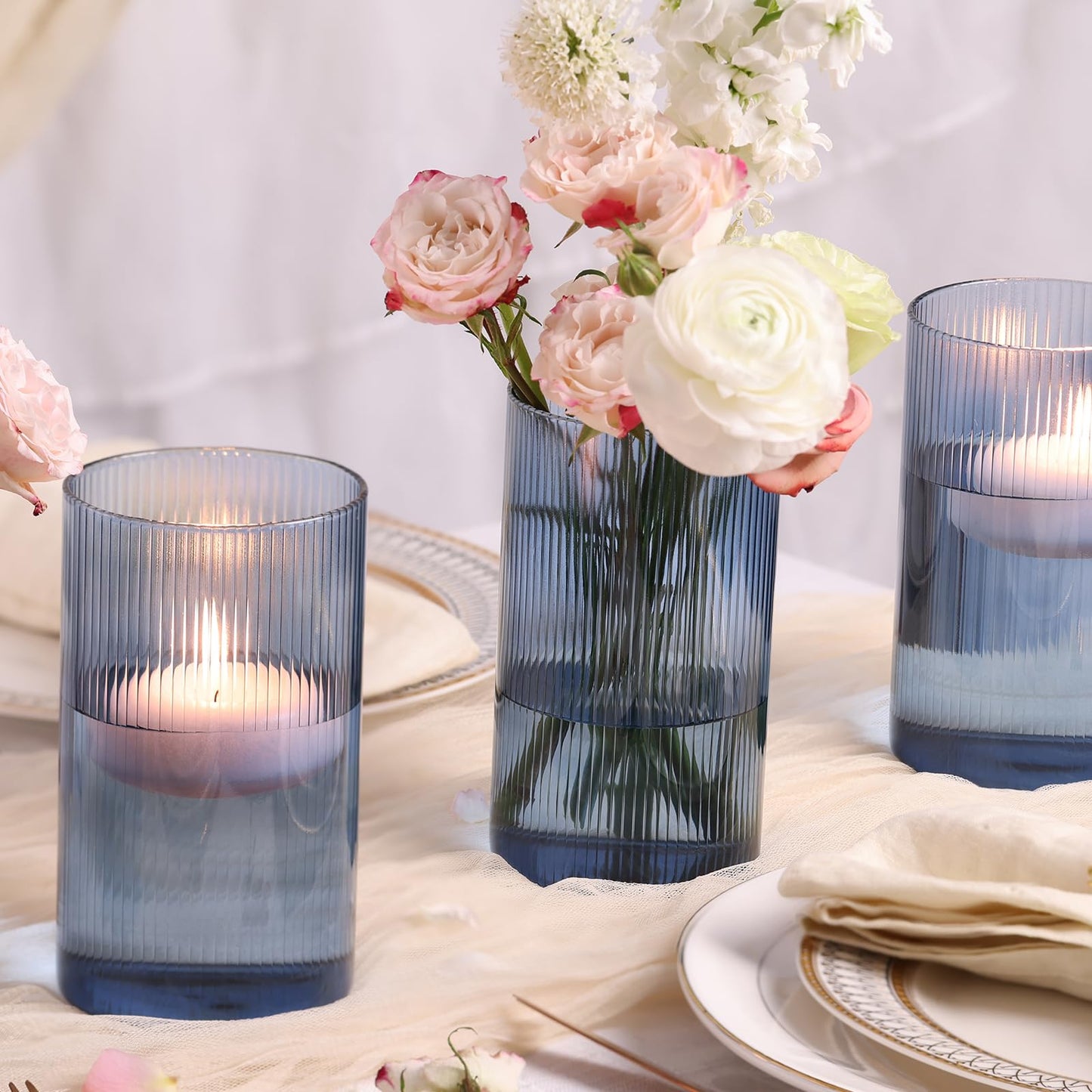 Glass Ribbed Cylinder Vases, 8 Inch Tall, Clear, Pack of 3 | Flower Vases in Bulk, Hurricane Floating Candle Vases, For Party Home Decor BST326H