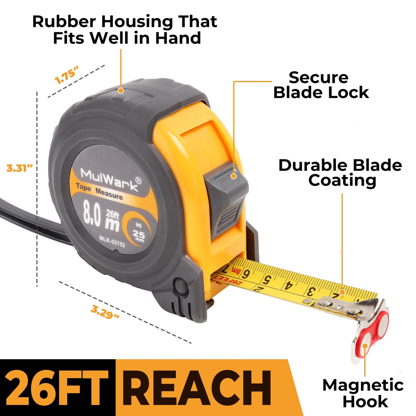 MulWark 25ft Metric Tape Measure, Measuring Tape Retractable, Easy Read Measurement Tape Both-Side Metal Blade, Magnetic Hook & Shockproof Case for Construction, Carpenter, Architect, Woodworking
