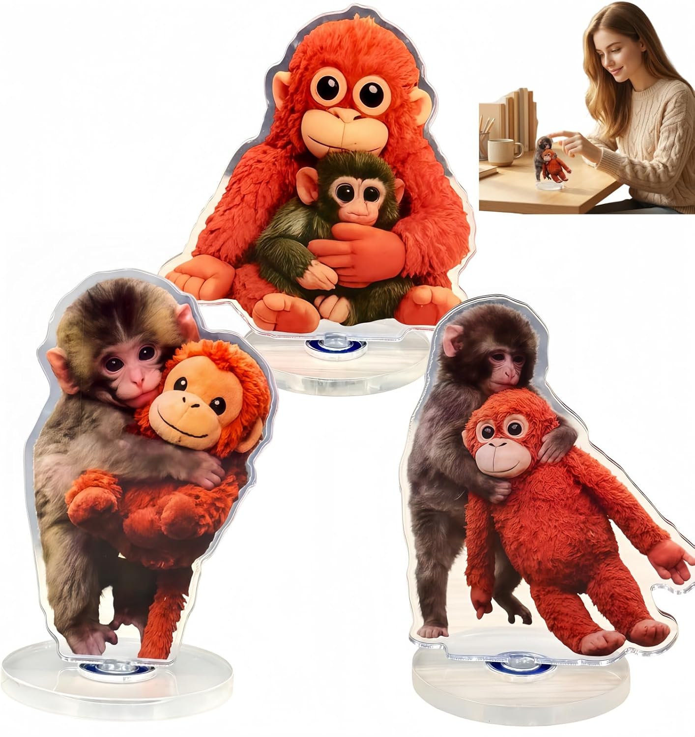 3-Pack Protect Punch Monkey Rotating Acrylic Display Plaque of Cute Monkey Toy for Desktop,Car Accessories and Gift,Rotatable, with Base (Beown) (ABC) BST202