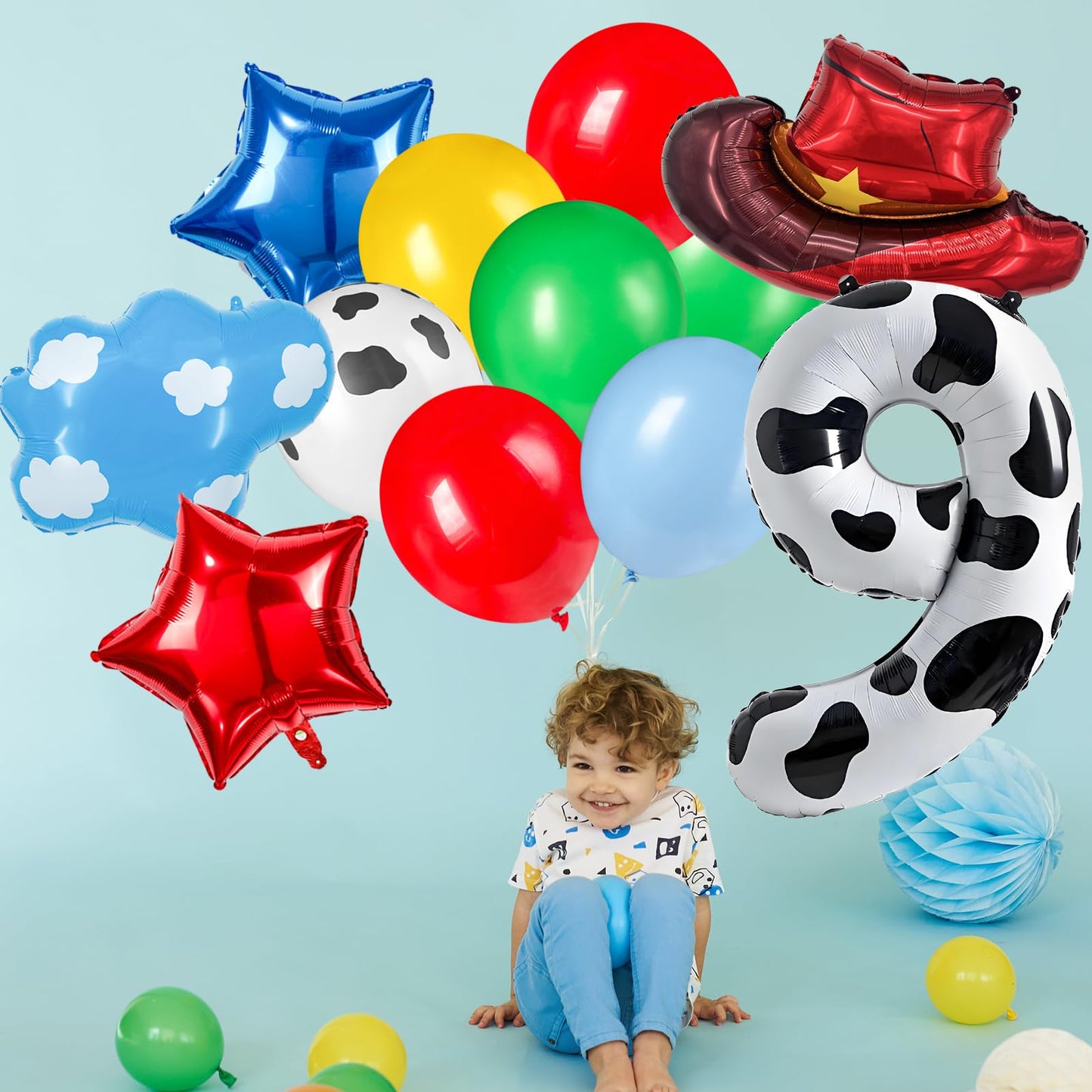 11-Pack Cowboy Theme Balloon Set, Farm Theme Decorations, Balloons with Hats and Clouds, Boys and Girls Birthday Party Supplies (1) BST202