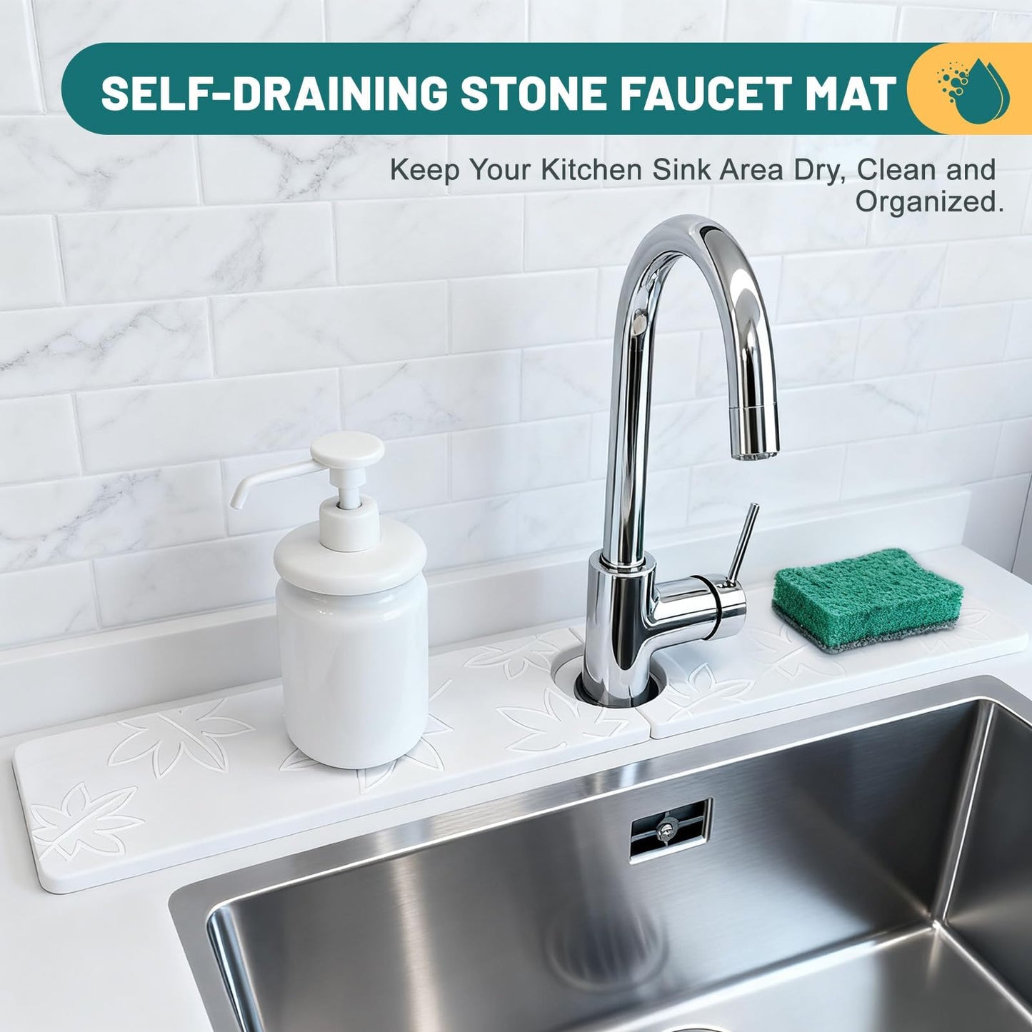 Hopegiver Stone Faucet Mat for Kitchen Sink - Fast Drying Diatomite Sink Protector Prevent Moisture, Super Water Absorbing Stone Tray for Kitchen & Bathroom Counter (White, 15.7"x3.9") BST326H