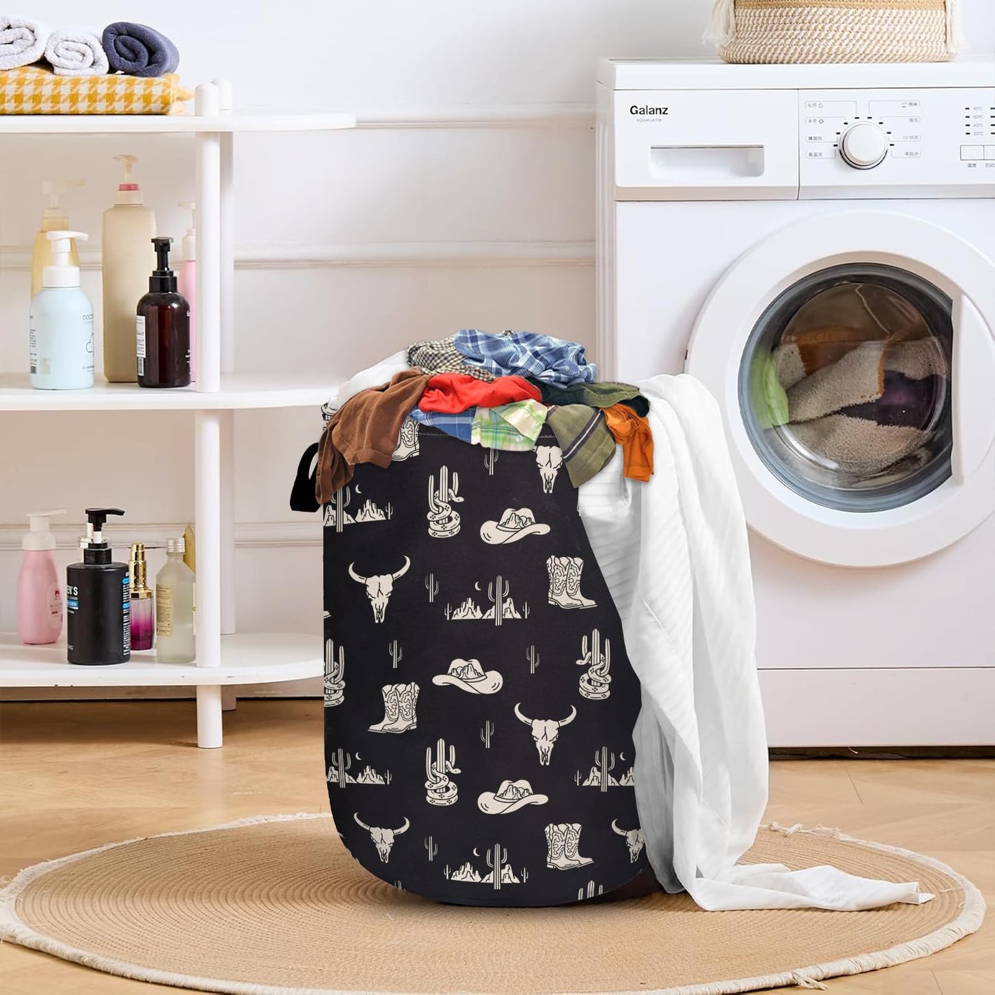 Nature Cow Print Laundry Basket with Sturdy Handles, Cow Skin Collapsible Oxford Cloth Laundry Hamper Organizer Basket for Bathroom Bedroom 15.7x20 Inch BST220