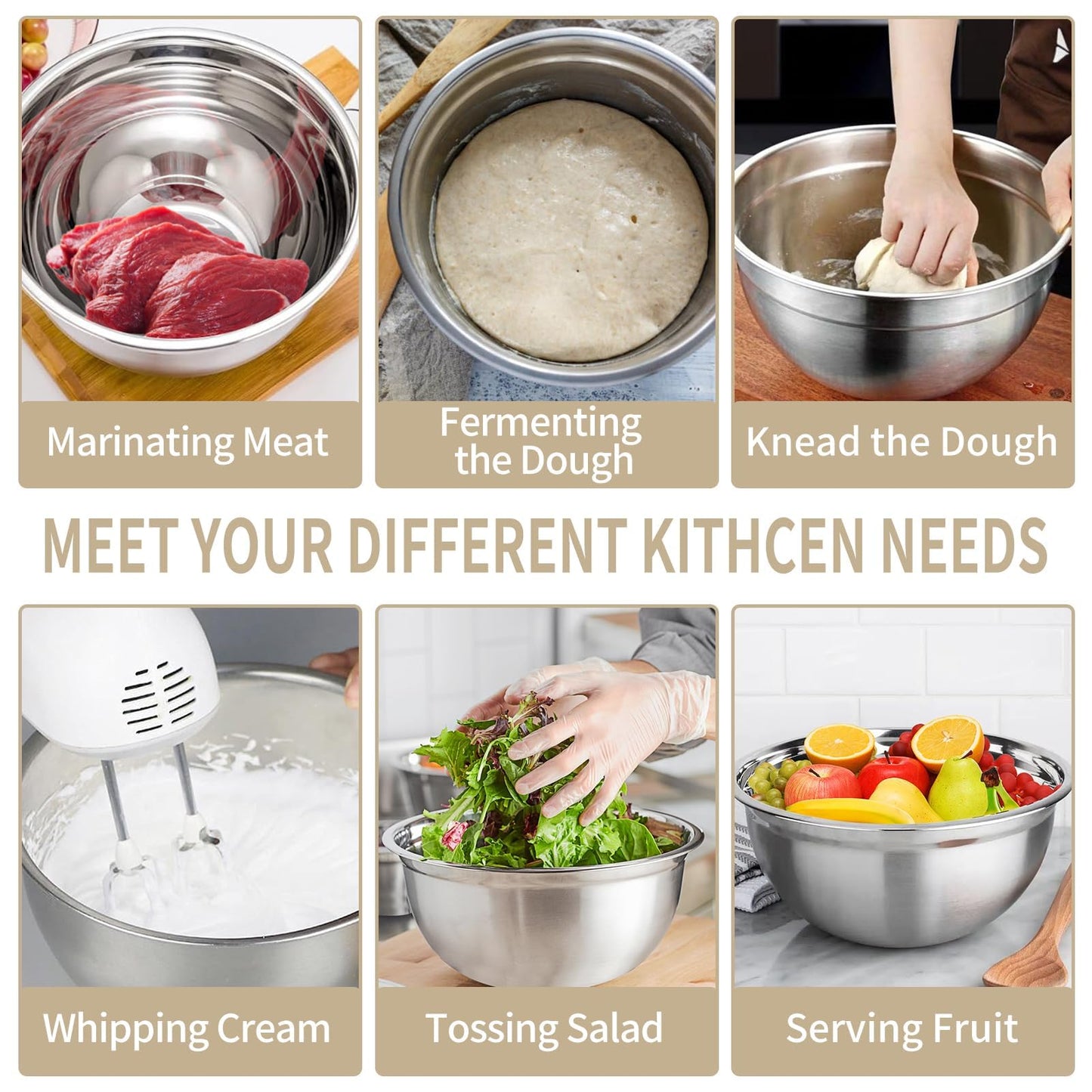 WEPSEN Mixing Bowls Set, 25PCS Stainless Steel Mixing Bowl with Lid Set, Large Nesting Bowls 7, 4.5, 3,2, 1.5QT, Measuring Cups and Spoons Baking Utensils Metal Bowl for Kitchen Prep BST220