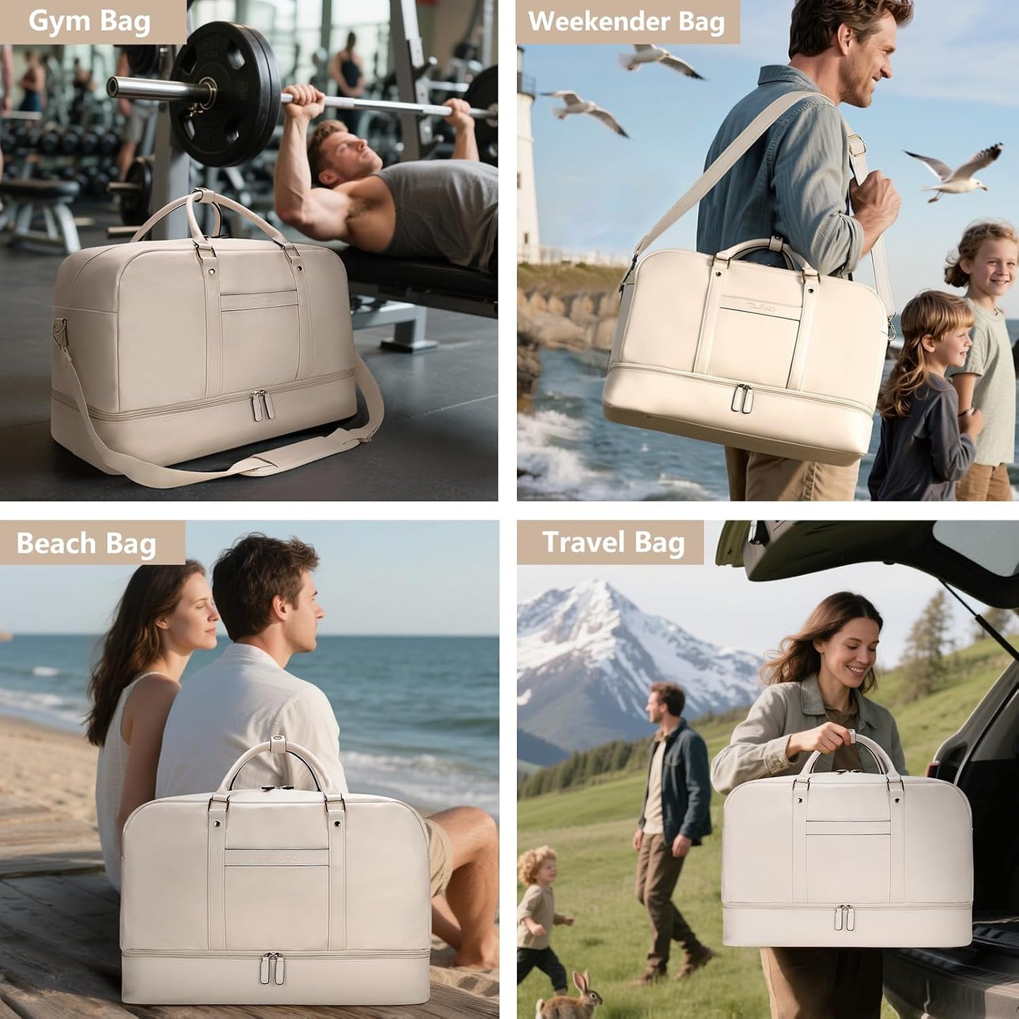 Large 4-in-1 Leather Duffle Bag for Travel Weekender Overnight Hospital Gym Bag for Men & Women, Carry On Airline Approved Personal Item Duffel Garment Bag Luggage with Shoe Compartment & Toiletry Bag BST326H