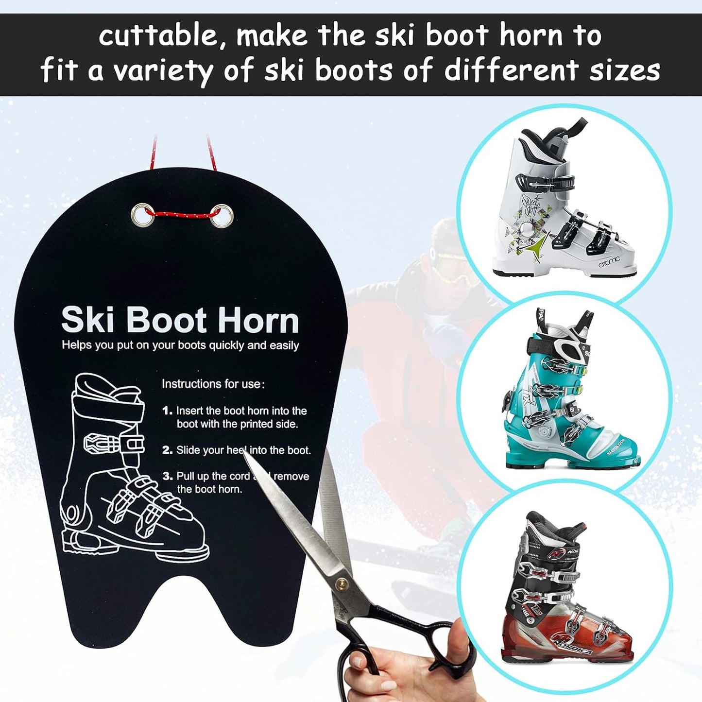 Ski Boot Horn - 3 Sizes Ski Boot Shoe Horn, Cuttable Plastic Shoe Horn for Ski Snowboard Boots, Makes Putting On Ski Or Snowboard Boots Easier, Shoe Helper Tool for Skiers of All Ages WN420