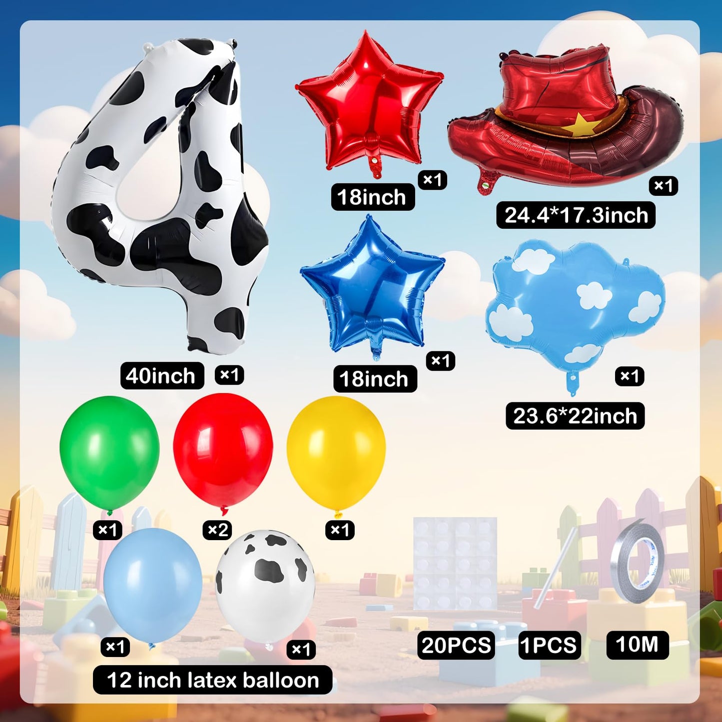 11-Pack Cowboy Theme Balloon Set, Farm Theme Decorations, Balloons with Hats and Clouds, Boys and Girls Birthday Party Supplies (1) BST202