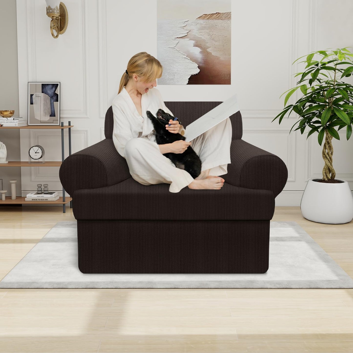 Waterproof Chair Cover with Arms 2-Piece Set Striped Slipcover for 1 Separate T Cushion Couch - TPU Fabric Armchair Covers Leakproof Couch Protector for Kids, Pets(Chair, Beige) BST220