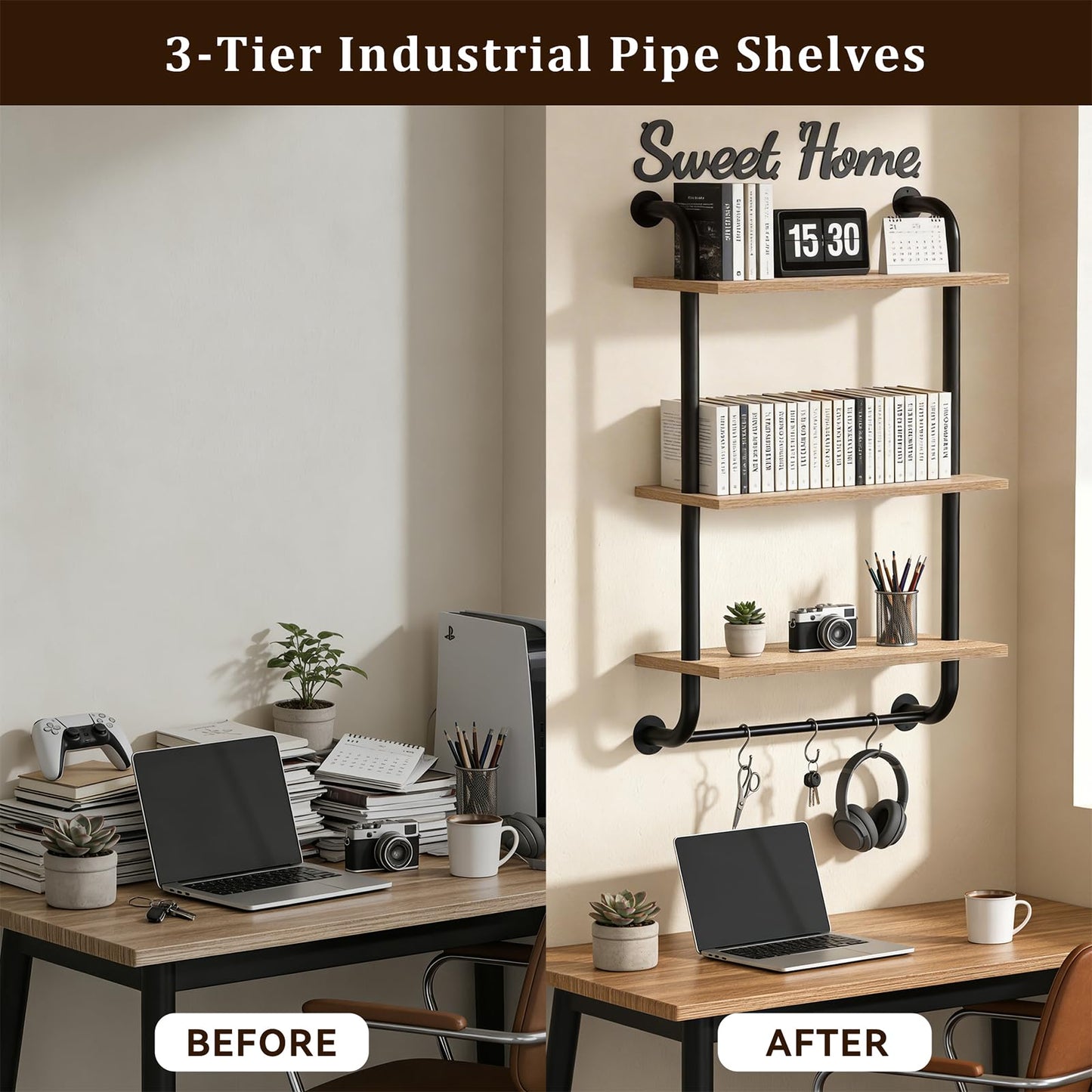 Tinpin Bathroom Shelves Wall Mounted, Rustic Farmhouse Pipe Shelves, Walls Shelf 3-Tier, Industrial Pipe Shelving, Floating Shelf Wall Decor for Bathroom, Kitchen, Bedroom, Living Room 17.3in Black DD1210