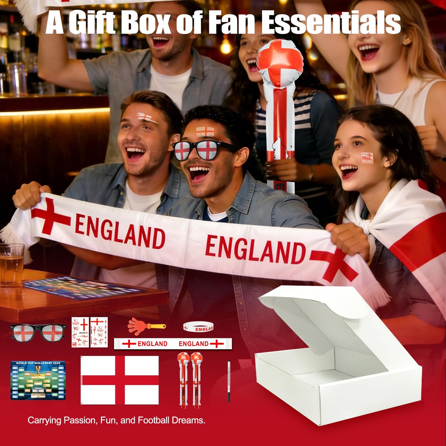 World Cup 2026 Fan Accessories with Large 3x5 ft Flag, Match Tracker Poster, Stickers, Cheering Sticks, Clapper & Scarf, World Cup Decorations Fan kit for Soccer Watch Party, Stadium and Home Cheering BST202
