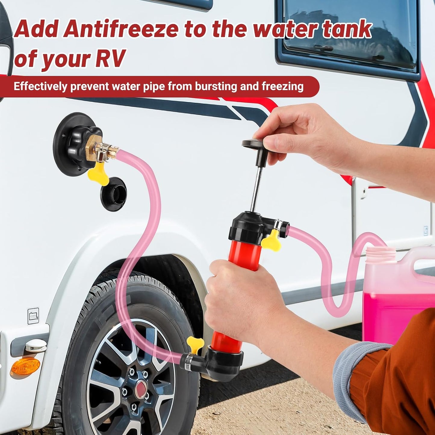 RV Antifreeze Hand Pump Kit, Siphon Water Liquid Fuel Transfer Manual Pump with 2 Clear PVC Hoses 3 Clamps for Protect RV RV Trailer Camper Boat Plumbing during Winterizing WN420