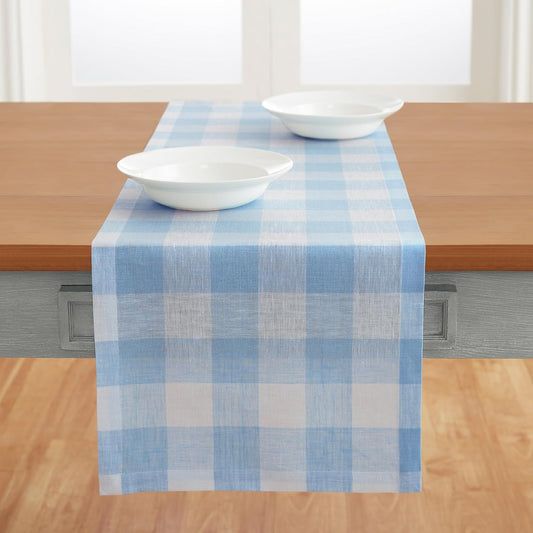 Solino Home 100% Pure Linen Dining Table Runner Blue Bell Check, 14 x 72 in | Buffalo Check Table Runners for dining, console and side tables; buffalo checkered weave, mitered corners; OEKO-TEX Certified BST326SOLH