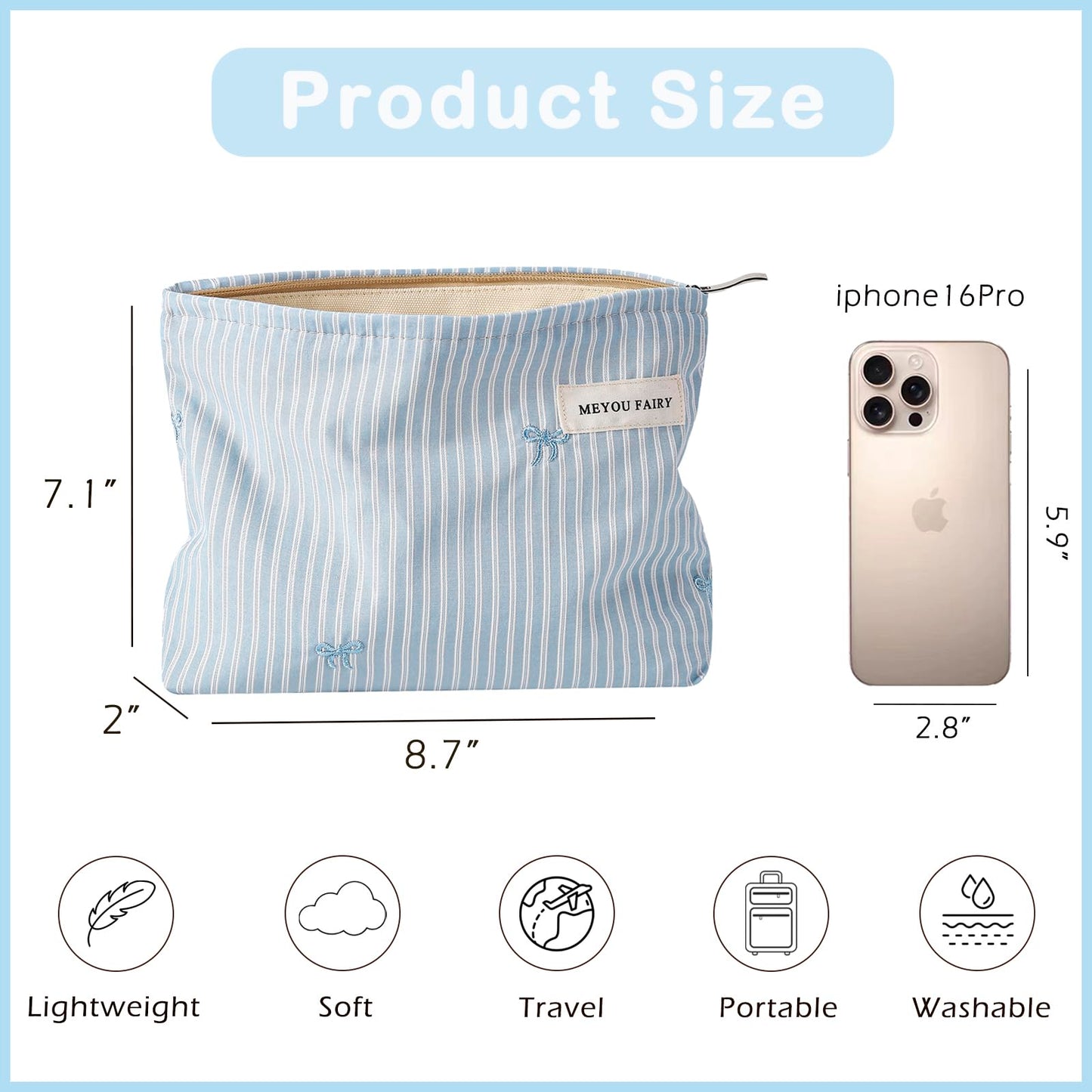 RSRSLEII Striped Makeup Bag for Women, White Cosmetic Bag with Bow, Travel Toiletry Cosmetic Bag with Zipper, Cute Women Aesthetic Organizer Storage Pouch, Girls Handbags Purses (06 White Stripe Bow) BST220
