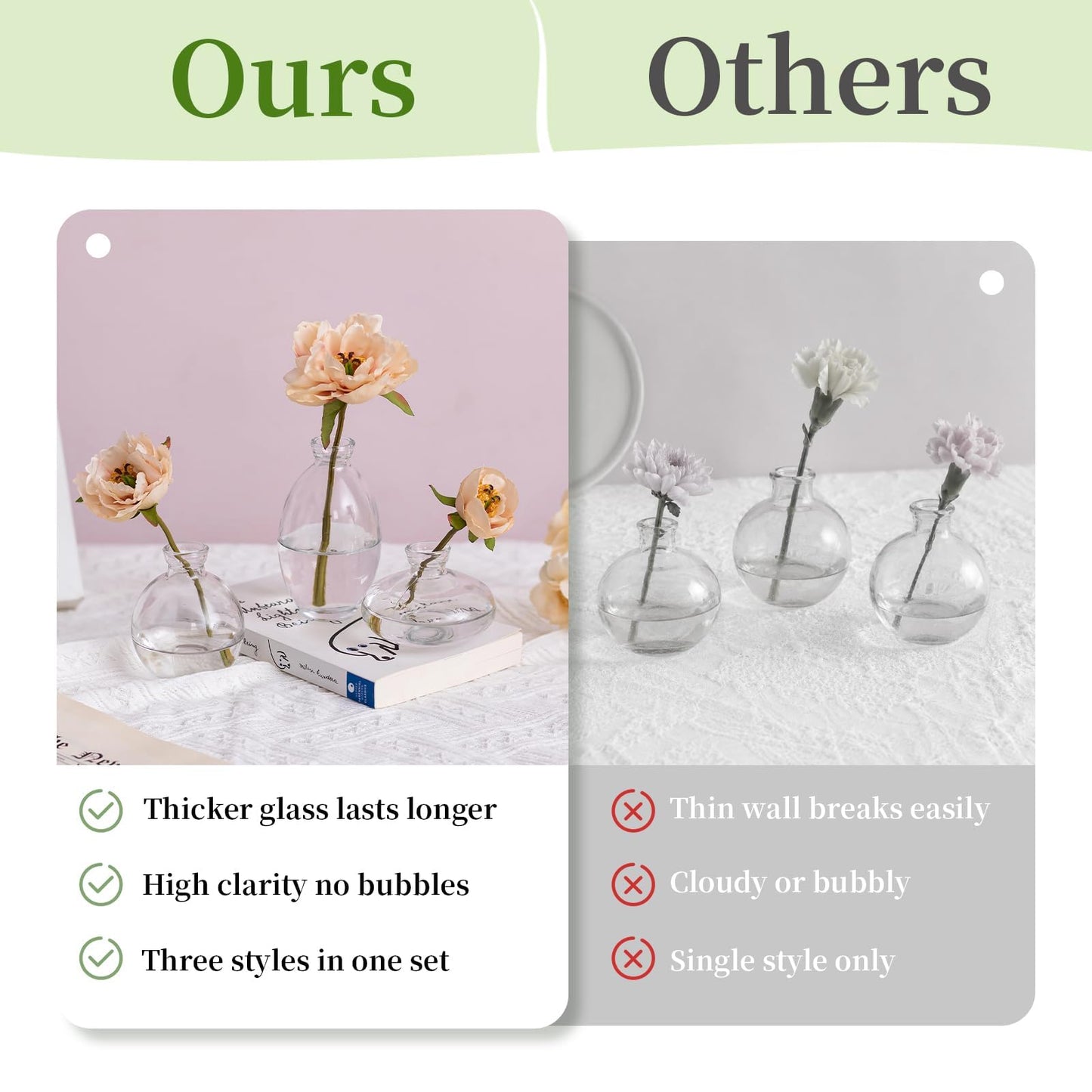 Glasseam Clear Glass Bud Vase, 3Pcs/Set Modern Decorative Small Mini Flowers Vases Short Minimalist Aesthetic Home Decor Vintage Cute Handmade Tiny Wedding Table Centerpieces for Single Flower Rose BST326H