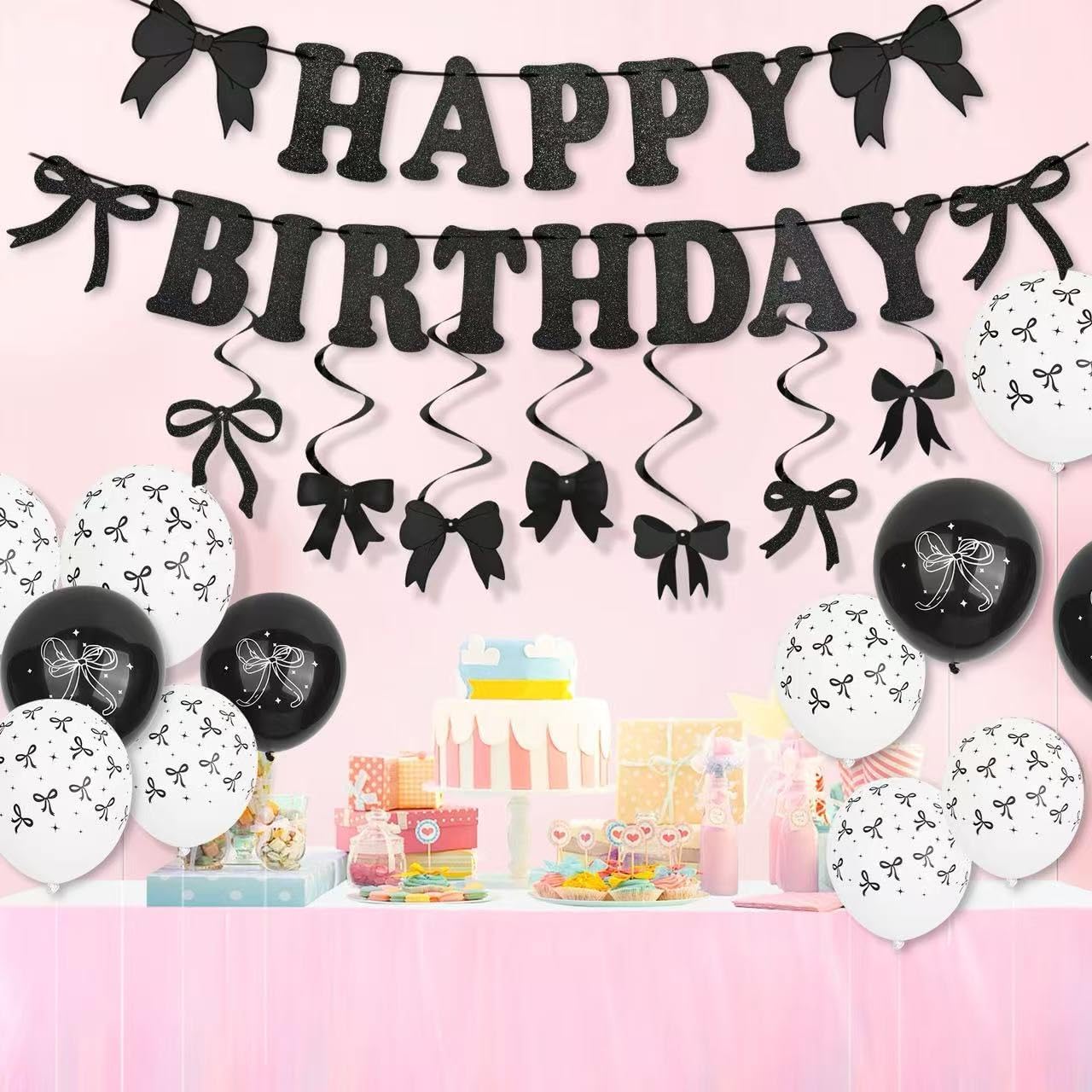 Black Bow Birthday Decorations Set - Coquette Theme Party Supplies with Happy Birthday Banner Garland, Hanging Swirls, Bow Balloons for Women Black Party Decorations Supplies (black) BST326L