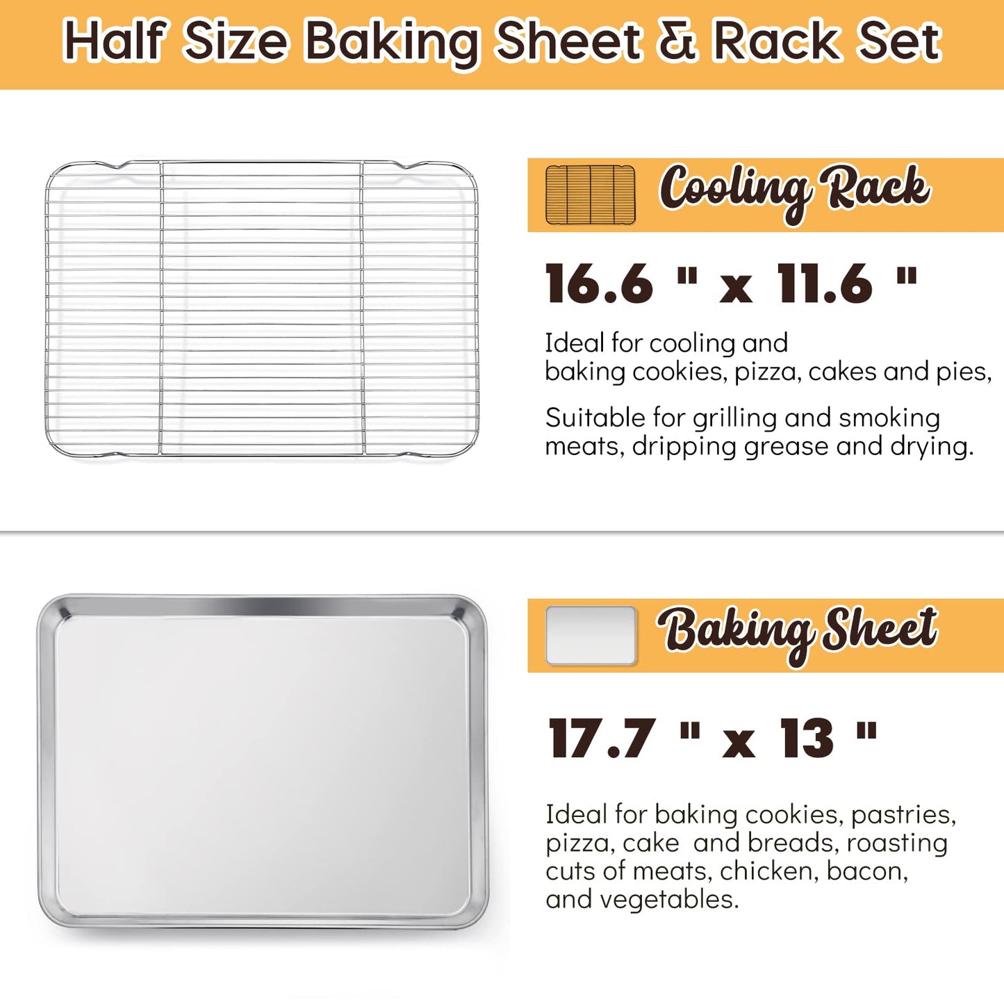 E-far Cookie Sheet with Rack Set, Half Sheet Baking Pan for Oven Cooking, 18”x13” Stainless Steel Rimmed Tray with Wire Cooling Rack for Roasting Broiling Bacon Meat Steak - Dishwasher Safe BST220
