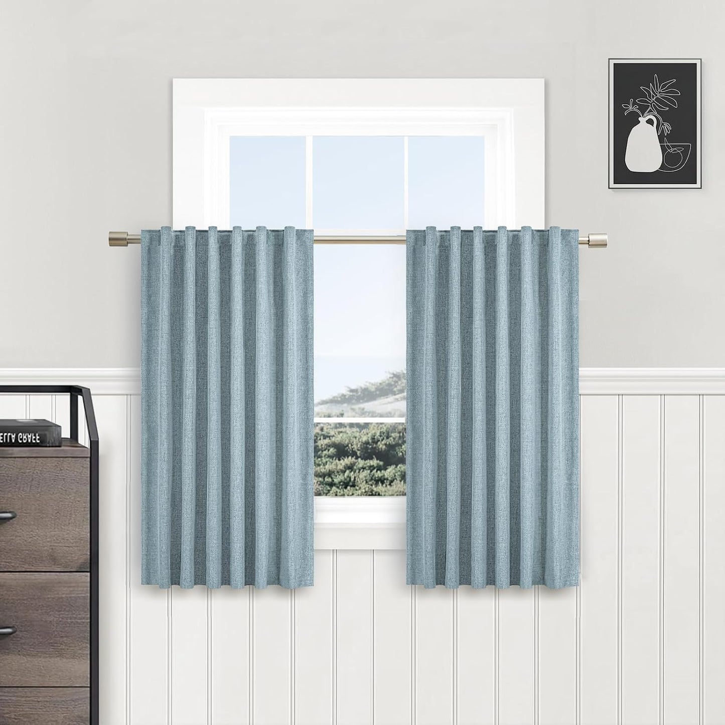 PANGSINNE Short Curtains for Windows Bathroom, 100% Blackout Linen Boho Back Tab Pleated Cafe Curtains for Kitchen Bedroom, 54 Inch Length 2 Panels Set, Dusty Blue BST326H