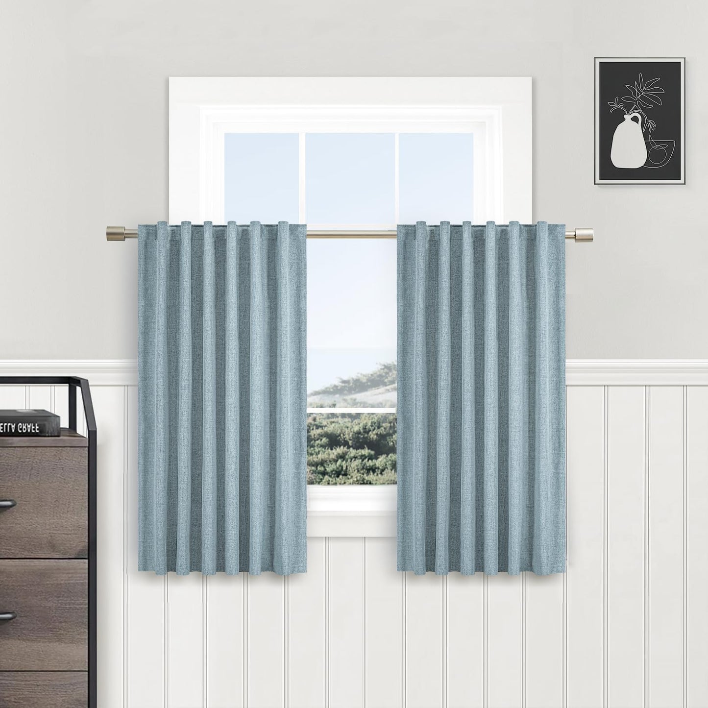 PANGSINNE Short Curtains for Windows Bathroom, 100% Blackout Linen Boho Back Tab Pleated Cafe Curtains for Kitchen Bedroom, 54 Inch Length 2 Panels Set, Dusty Blue BST326H