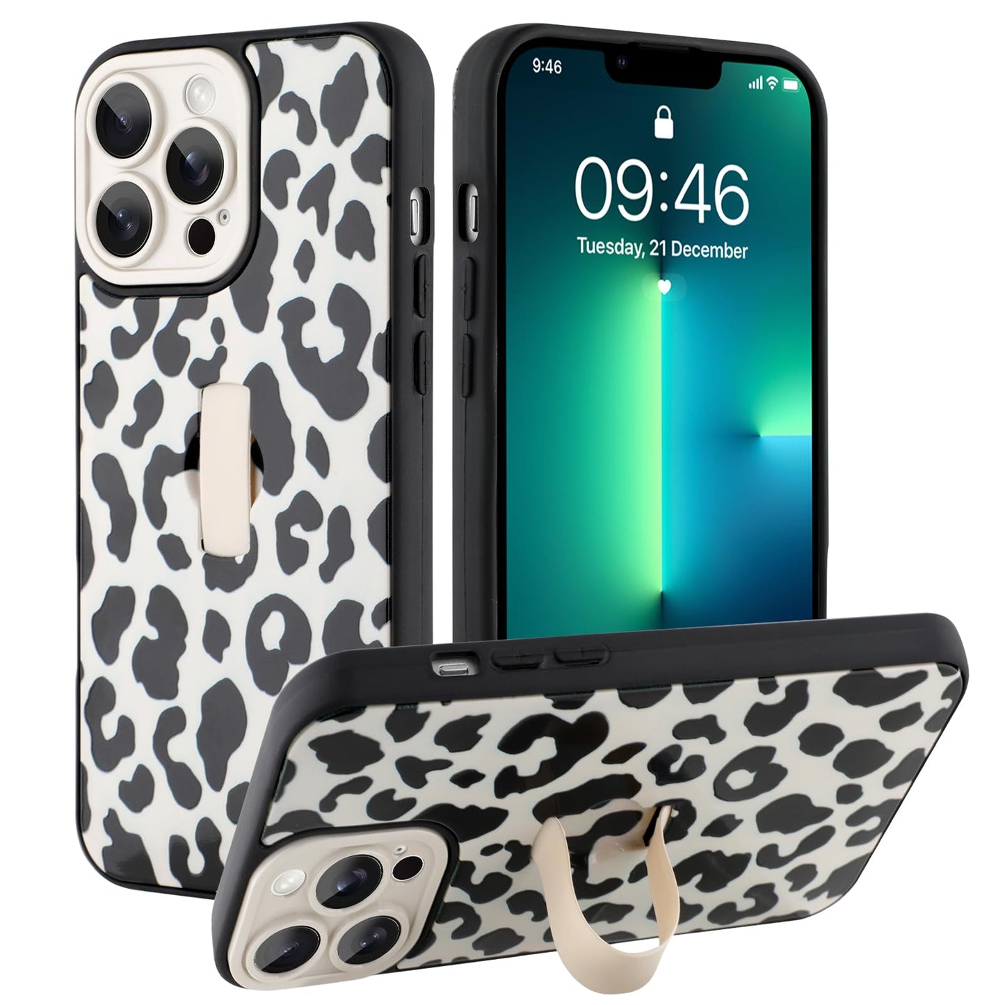 Compatible with iPhone 13 Case, Cute Cheetah Leopard Pattern | Built in Adjustable Wrist Strap Grip Hand Holder Stand Shockproof Kickstand Cover for Women Girls (Black White) WN420