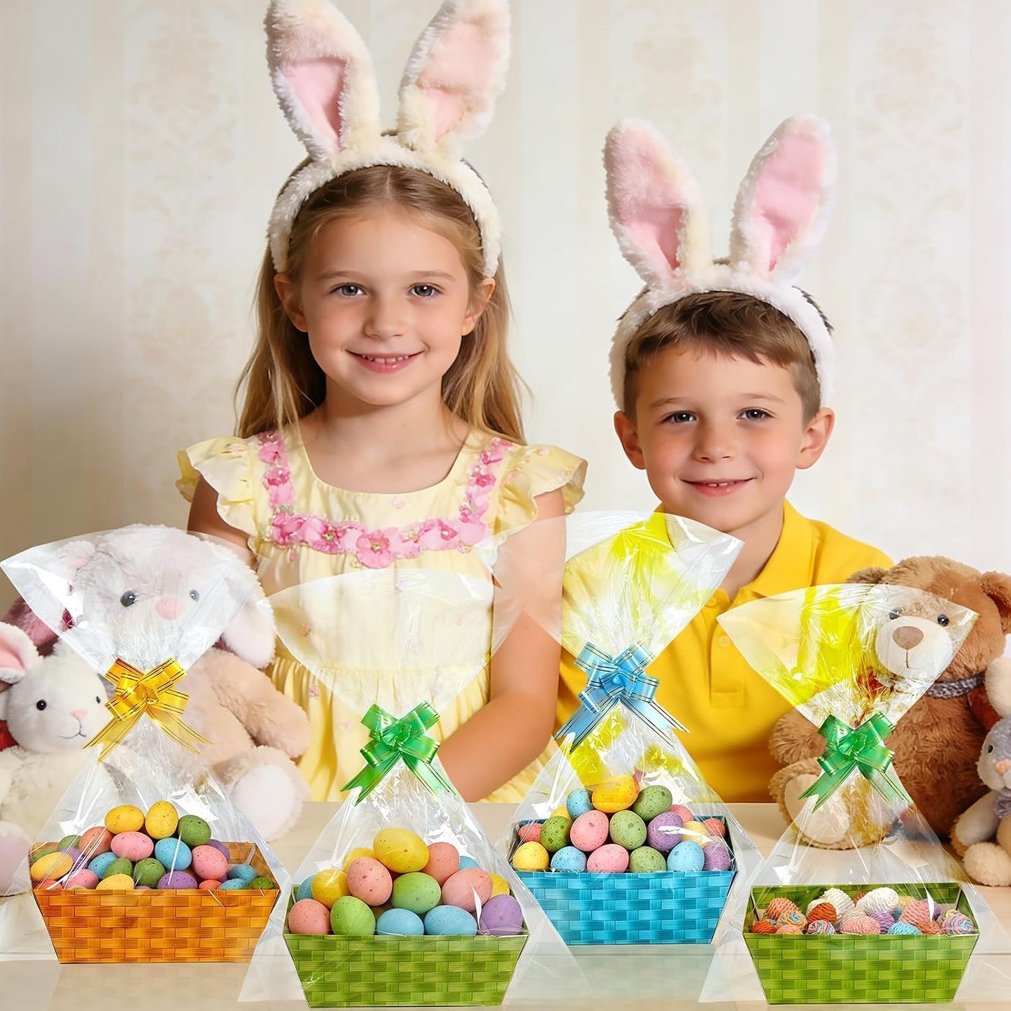 APUDWN 12 Pack Gift Baskets with Handles, Pastel Paper Baskets with Cellophane Bags and Pull Bows, Colorful Gift Containers for Candy Snacks Party Favors Classroom Supplies 9.8 x 7.9 x 3.5 Inch BST220