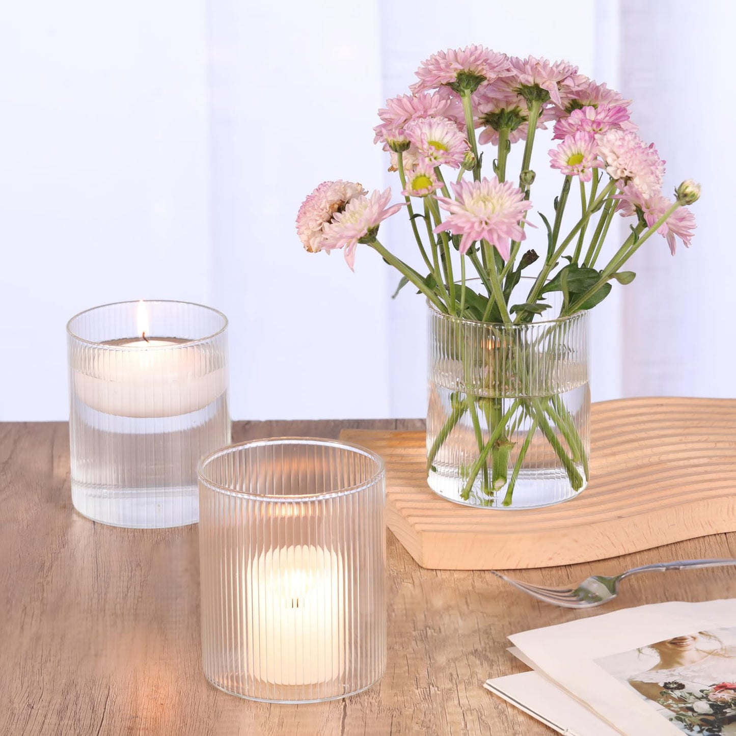 Glass Ribbed Cylinder Vases, 8 Inch Tall, Clear, Pack of 3 | Flower Vases in Bulk, Hurricane Floating Candle Vases, For Party Home Decor BST326H
