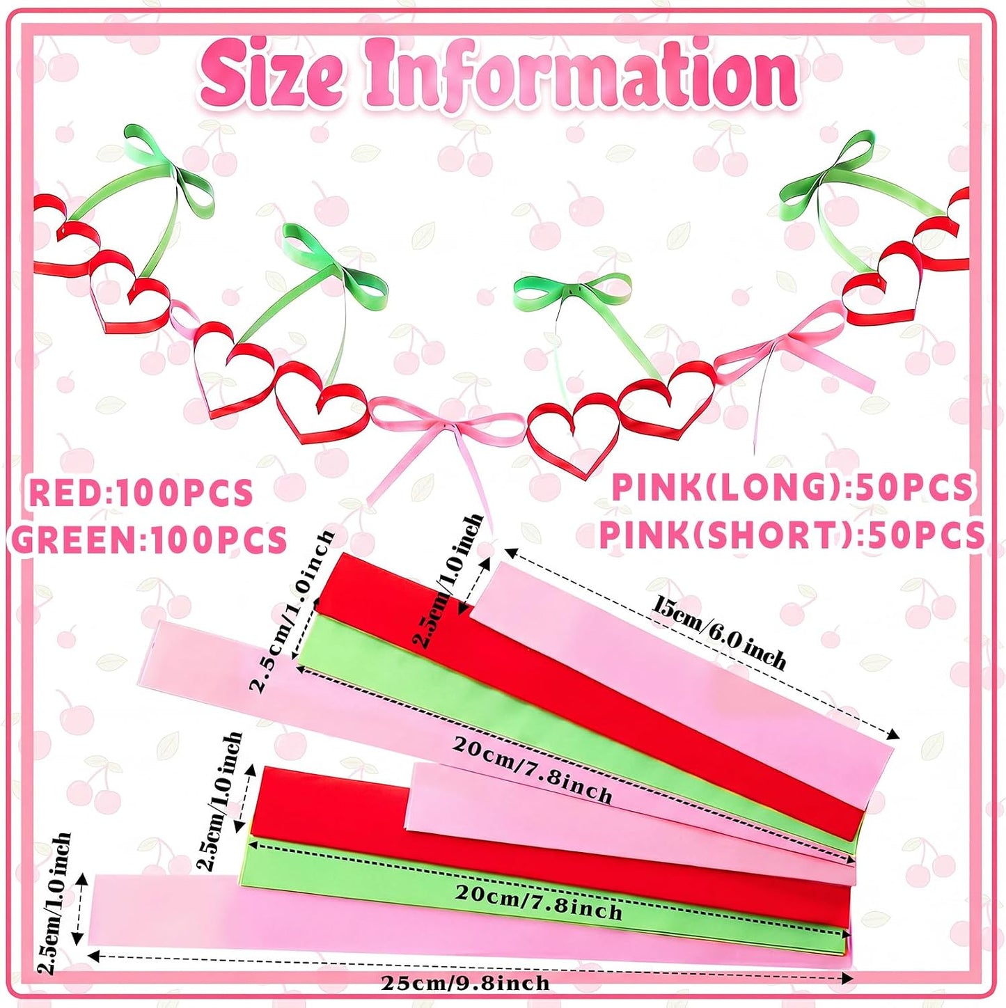 Gueevin 300 Sheets Cherry Paper Chain Strips, 41 ft DIY Paper Chain Garland Kit with Double Sided Tape, Cherry Bow Hanging Banner Decorations for Birthday Party Baby Shower Bridal Bachelorette Wedding BST326H