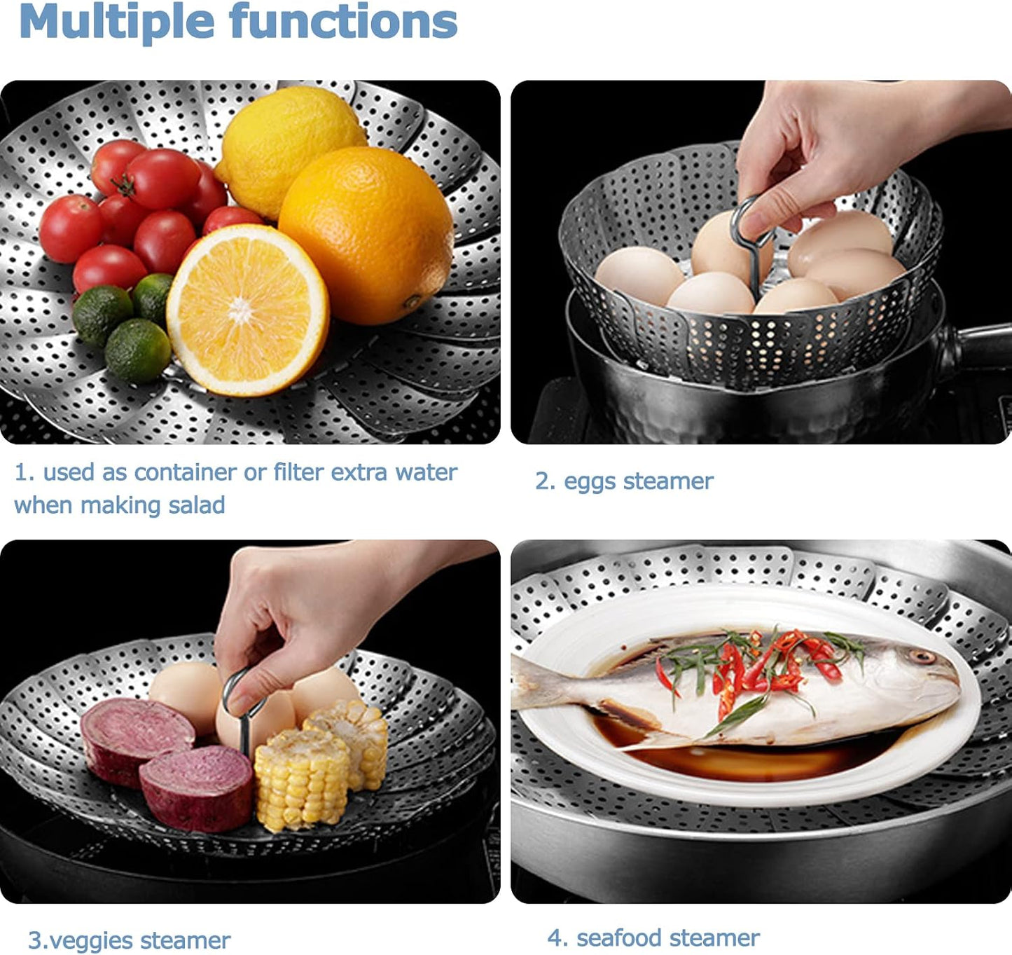304 Stainless Steel Vegetable Steamer Basket, Expandable Insert for Cooking, Fits 6.4 to 10.2 Inch Pots, Includes 7.3 Inch Kitchen Tongs WN420