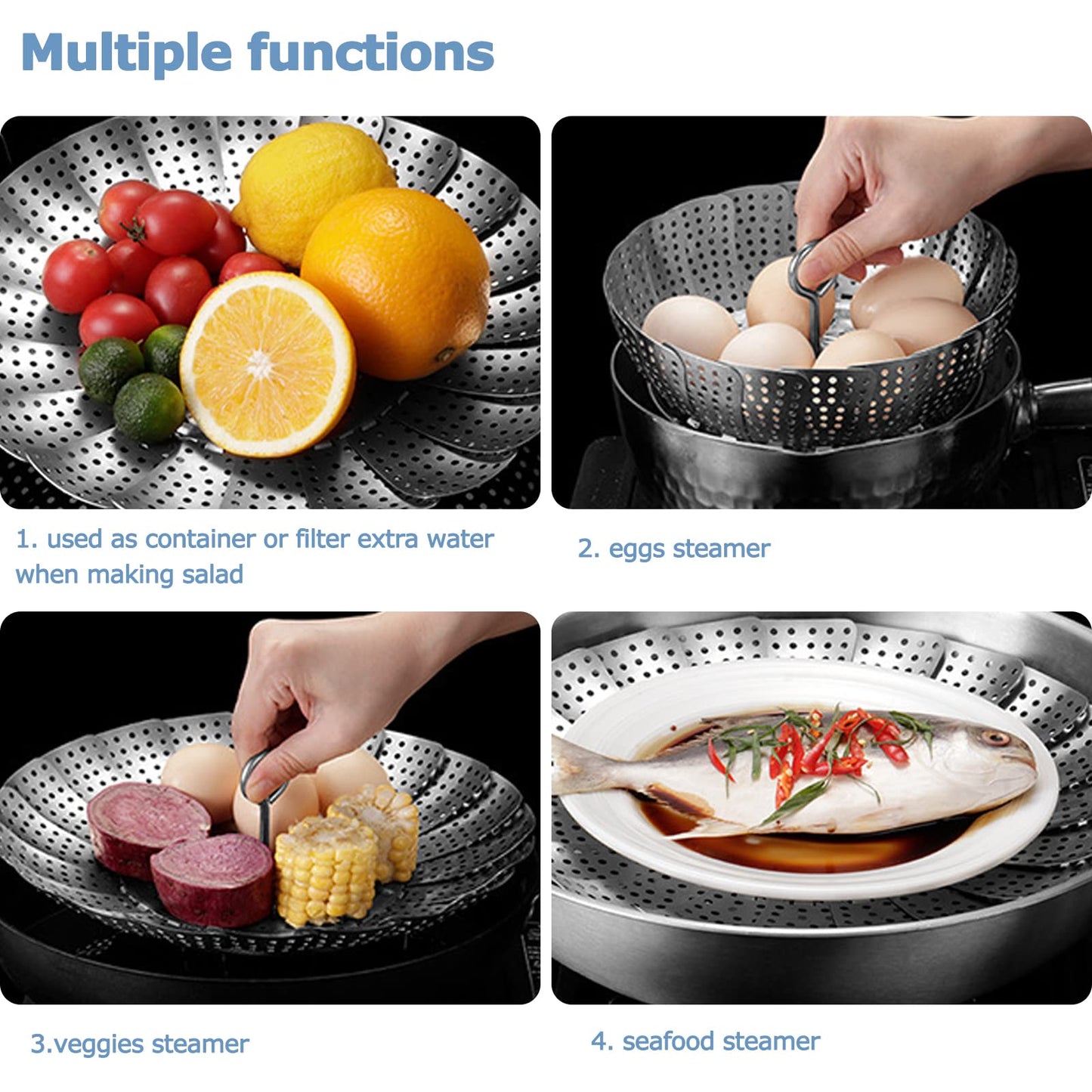 304 Stainless Steel Vegetable Steamer Basket, Expandable Insert for Cooking, Fits 6.4 to 10.2 Inch Pots, Includes 7.3 Inch Kitchen Tongs WN420