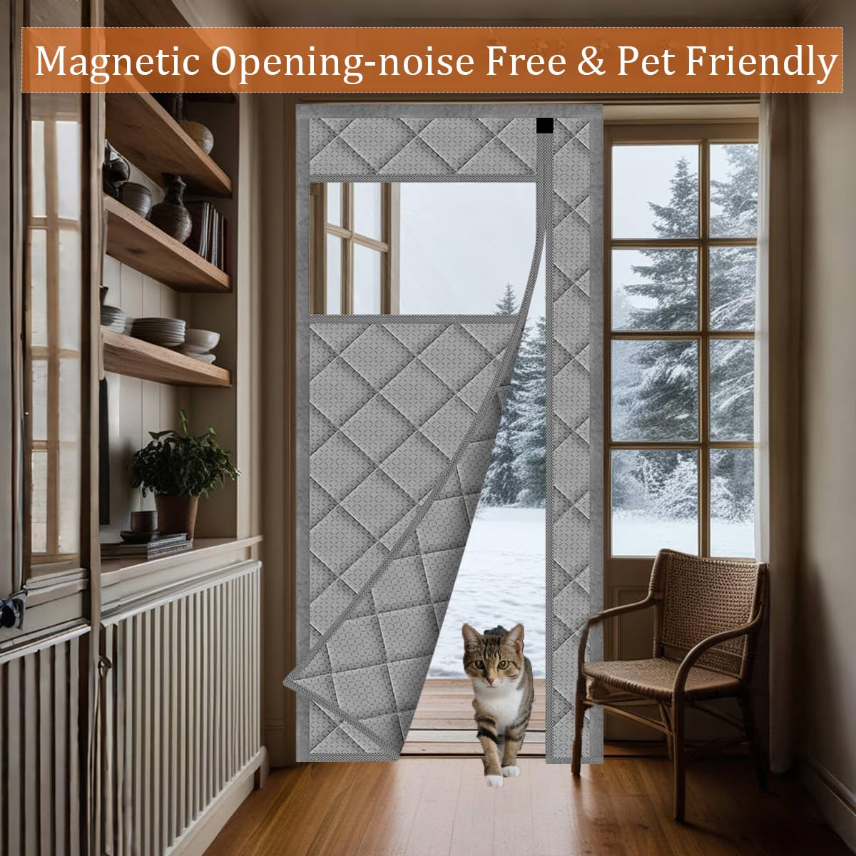 Thermal Door Curtain Fits Doors Size 38"x80"，Curtain Size 41"x82", Magnetic Insulated Curtain Side Open Keep Warm in Winter Cool in Summer,Diamond Pattern,Gray WN420