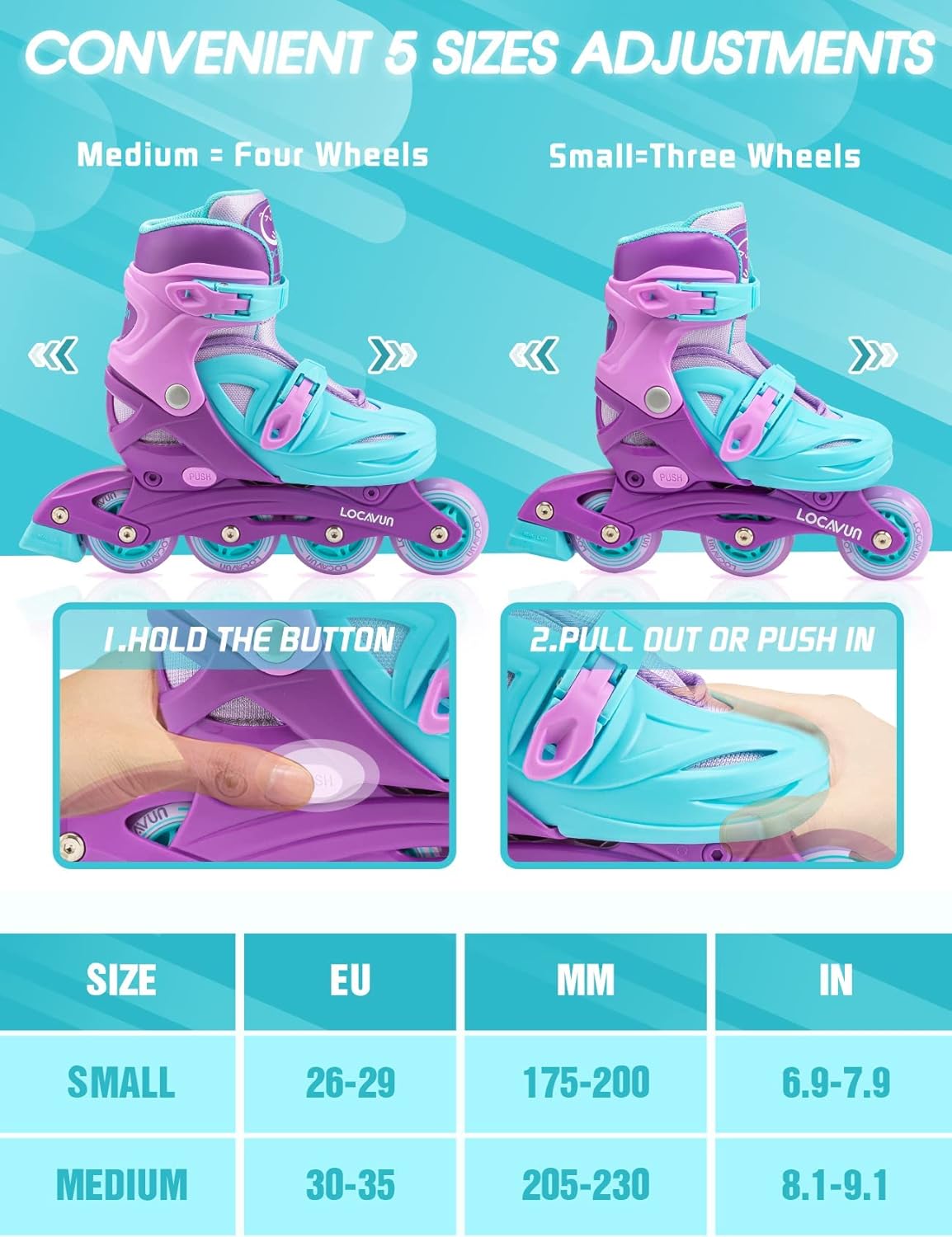 Locavun Inline Skates for Girls Size Small 65