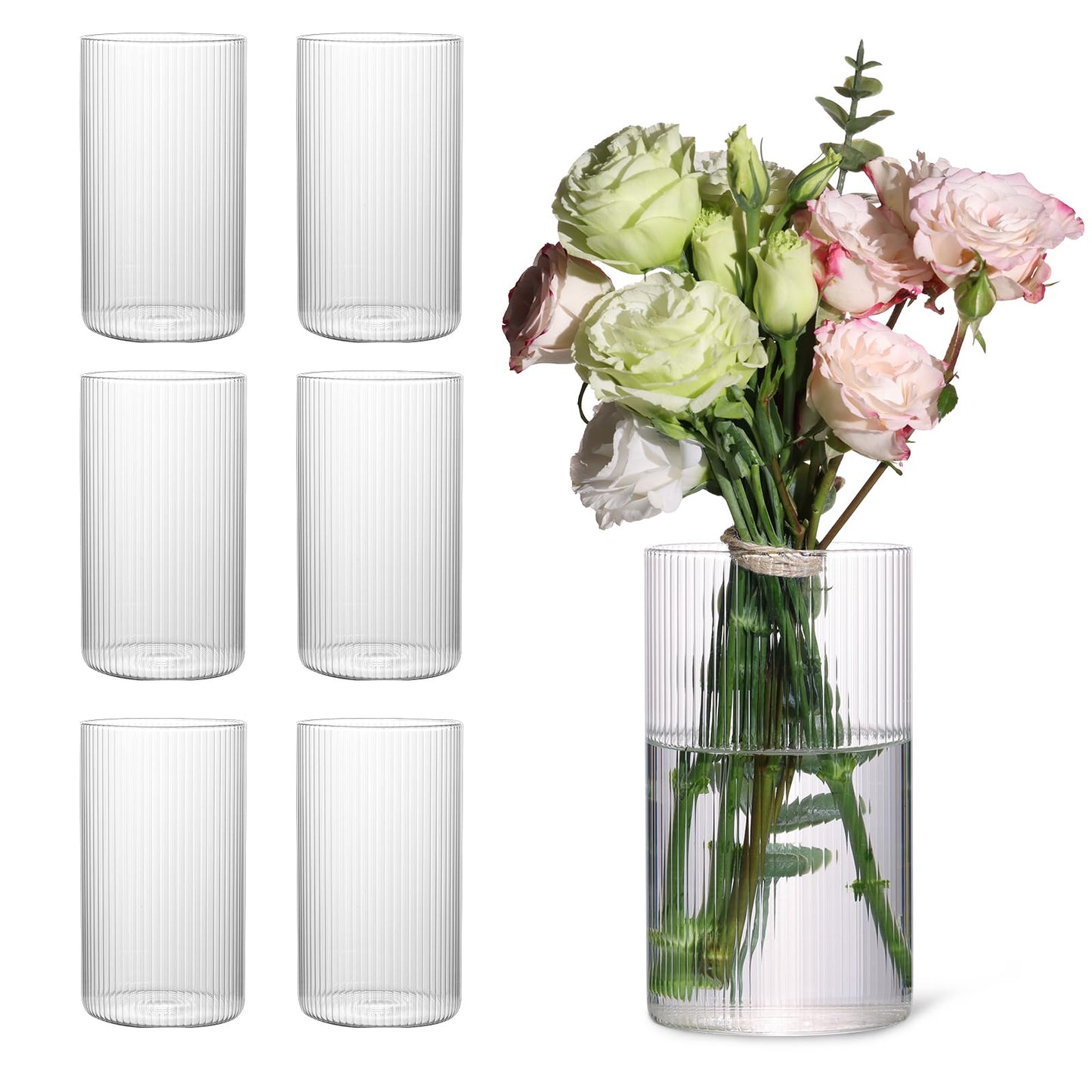 Glass Ribbed Cylinder Vases, 8 Inch Tall, Clear, Pack of 3 | Flower Vases in Bulk, Hurricane Floating Candle Vases, For Party Home Decor BST326H
