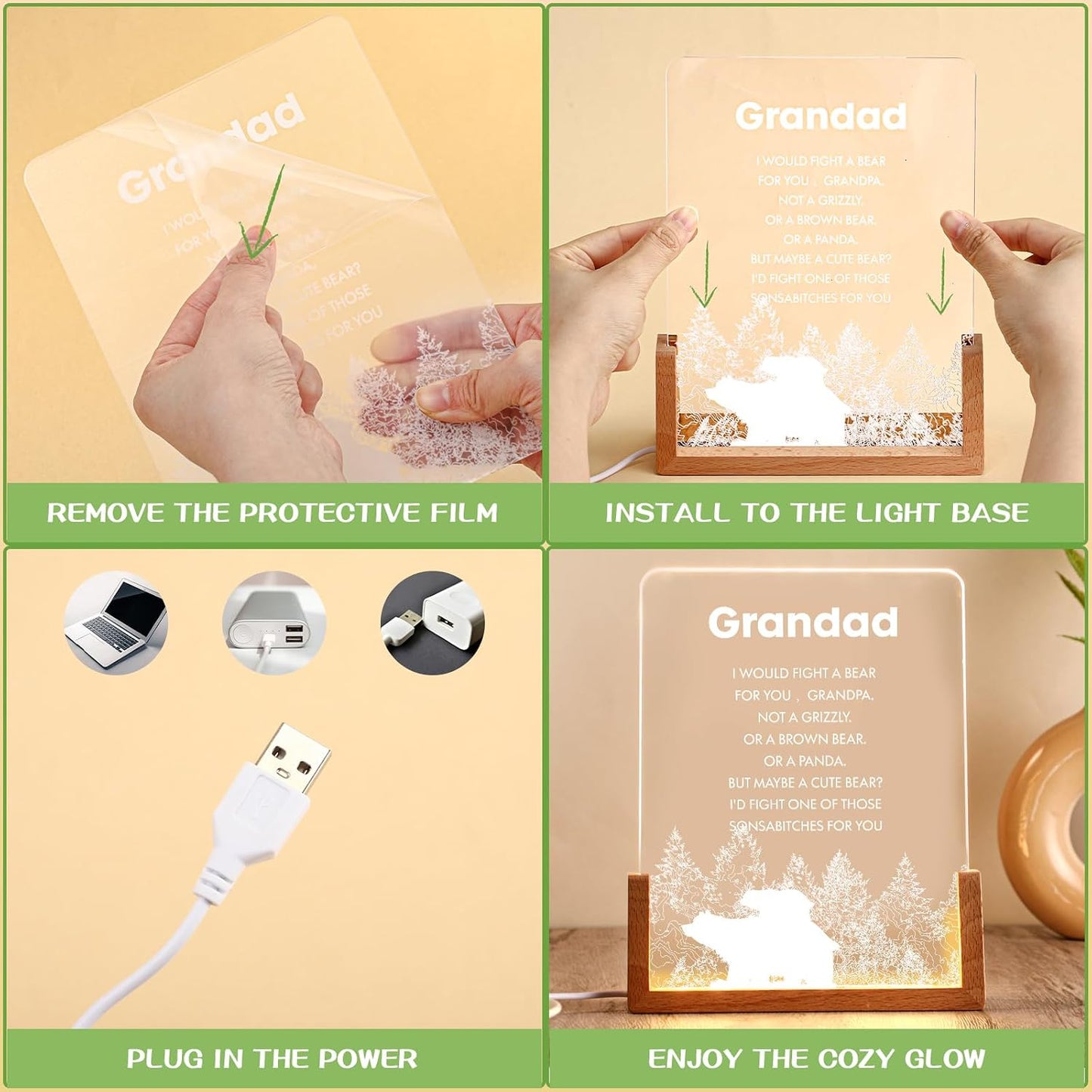 Briwooody Gift for Grandparent Wooden Night Light with Heartwarming Plaque for Unique Meaningful Grandparent's Birthday Day Gift from Grandson Granddaughter(Granddad) WN420