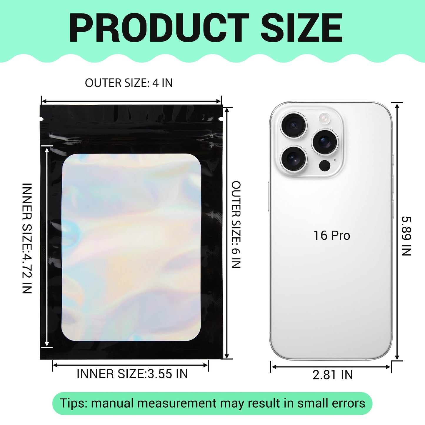 Holographic Mylar bags -100Pcs Self-Seal Resealable Zip Baggies with Clear Window, Smell Proof Laser Iridescent White 3x4.7 inch for Small Business Samples, Party favors,Snacks,Jewelry BST326L